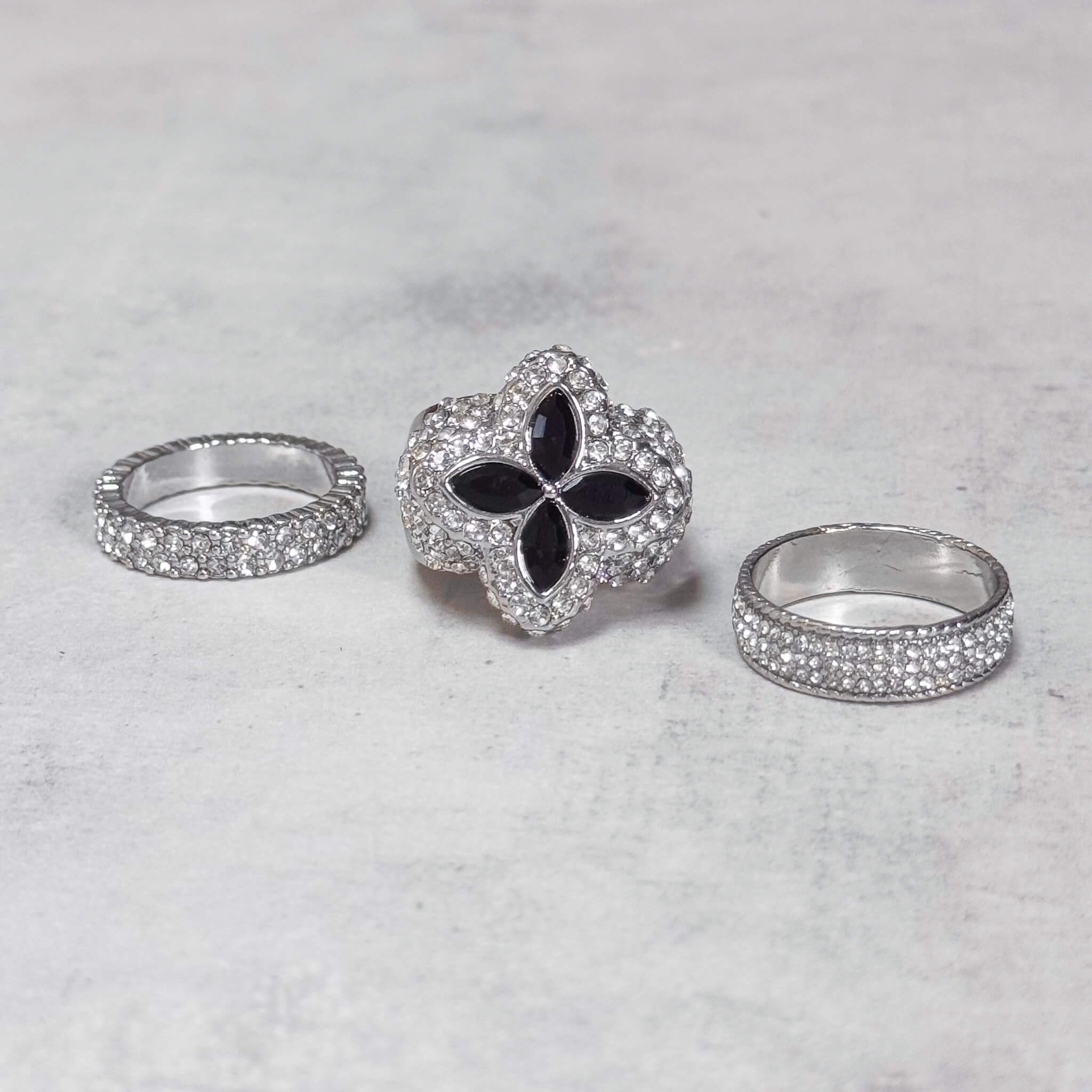 Iced Out Clover 3-Piece Ring Set - Black Stones