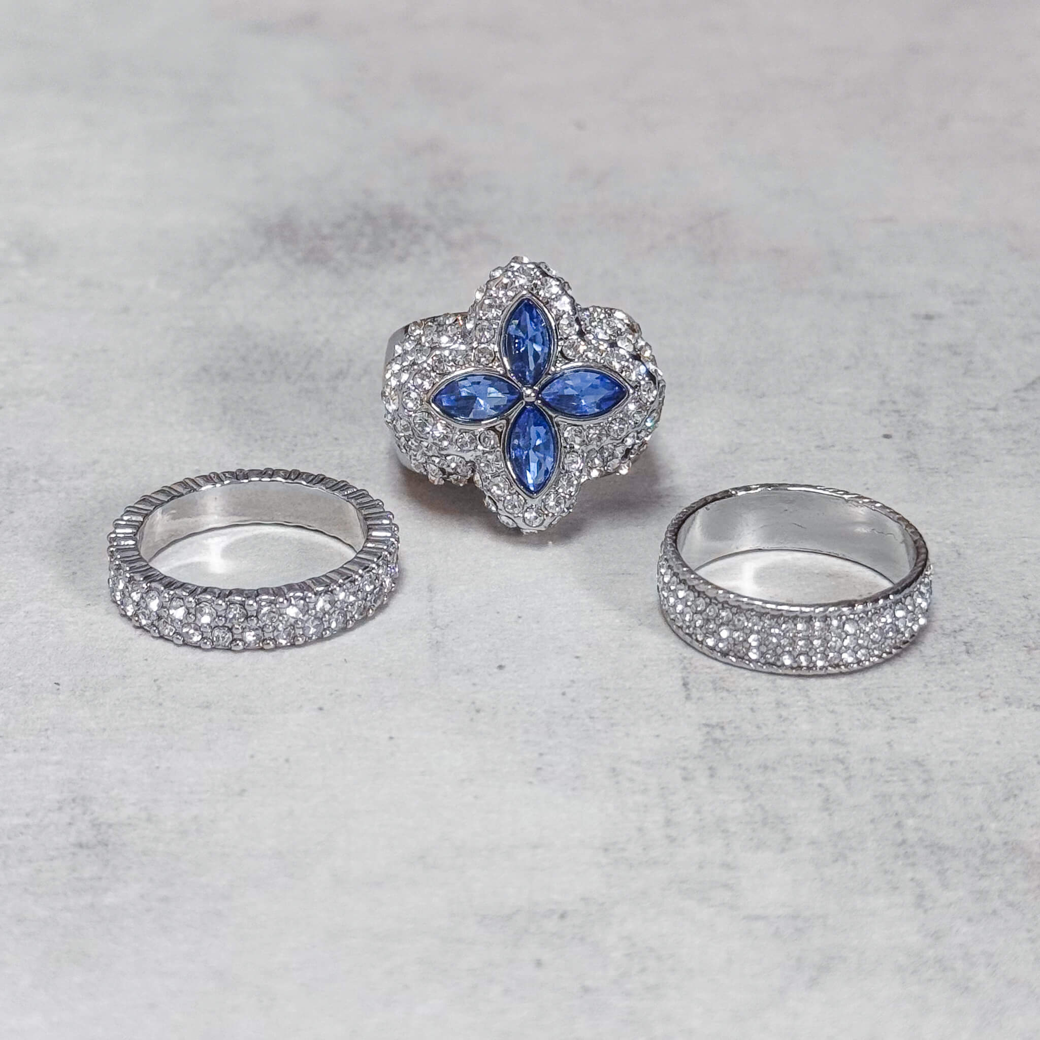 Iced Out Clover 3-Piece Ring Set - Blue Stones