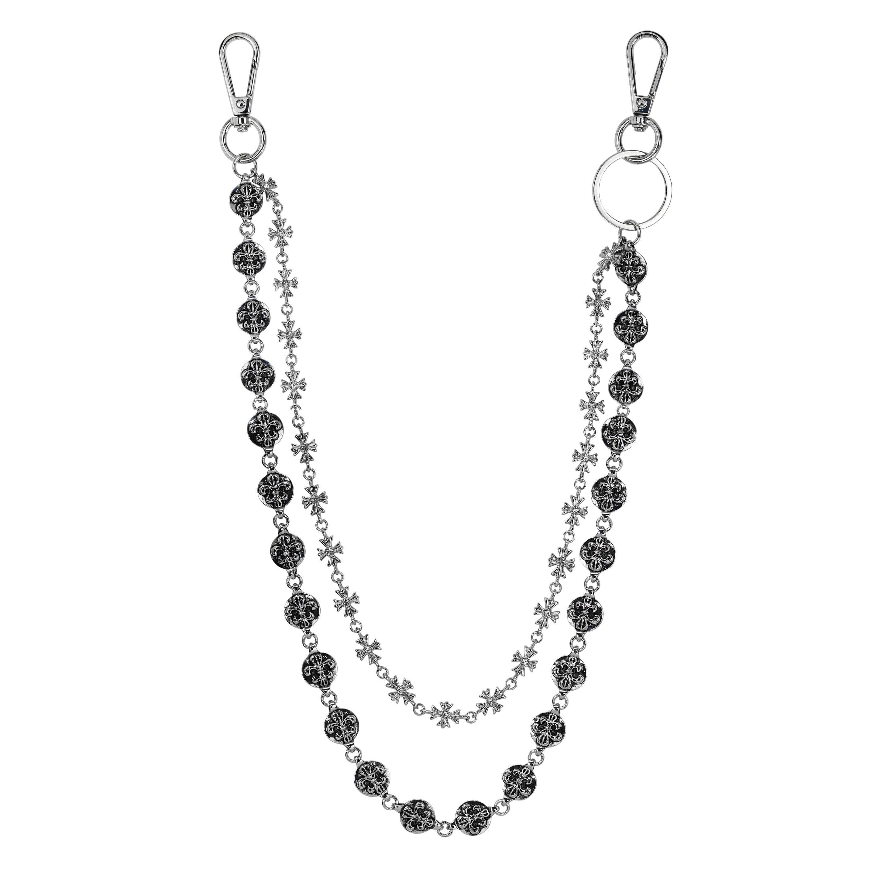 Round Crosses Double Link Pant Chain with two layered silver chains and engraved cross medallions.