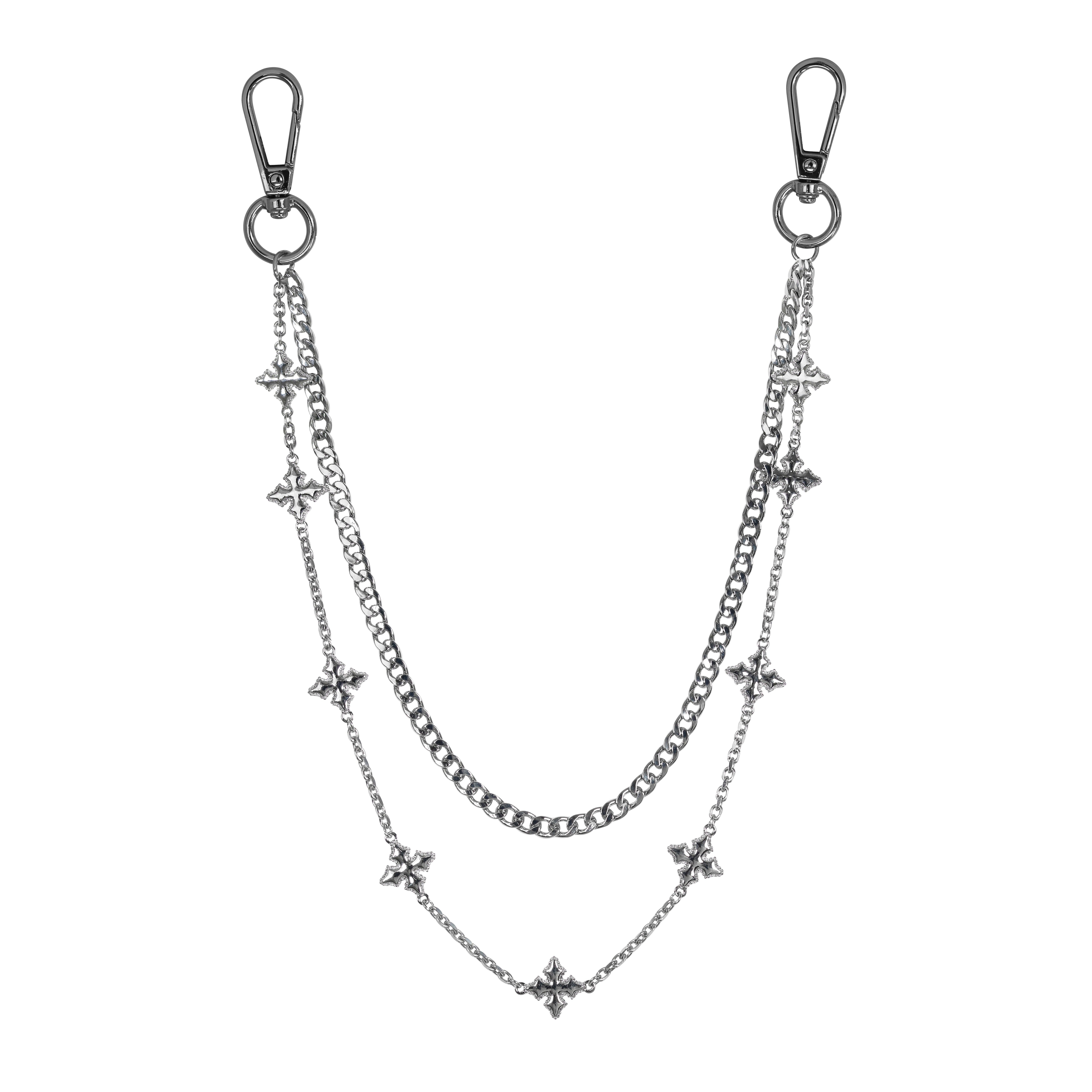 Silver Cuban with Cross Pant Chain featuring double layers and star-shaped accents.