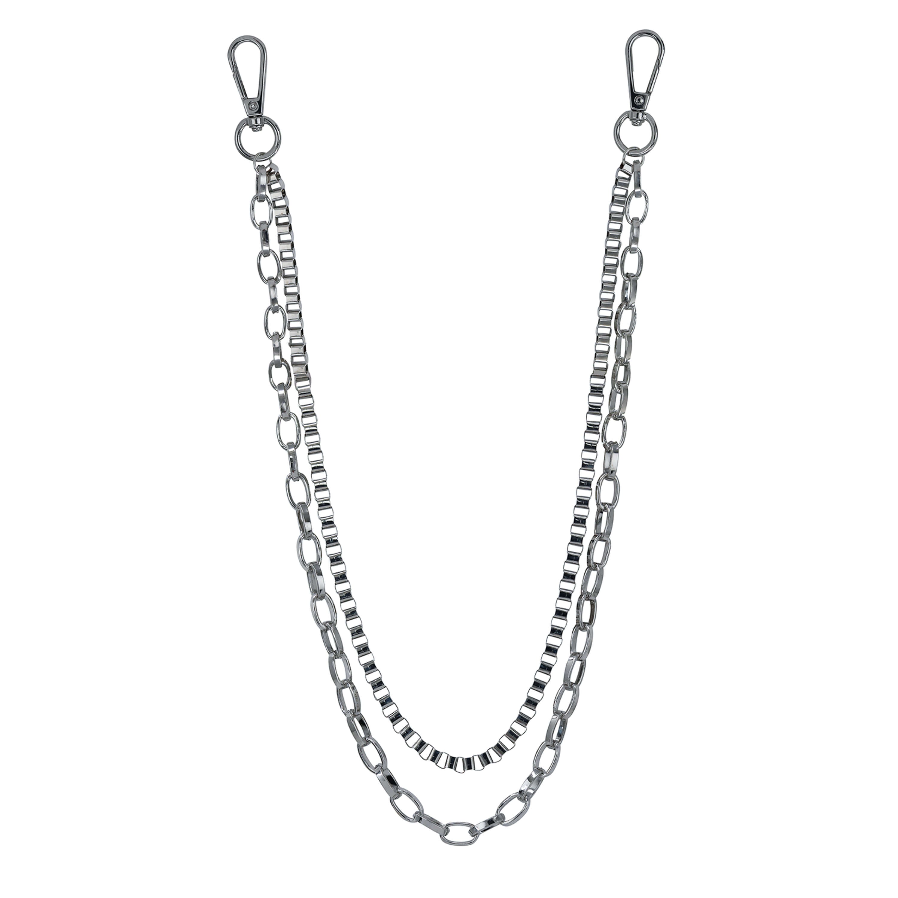 Silver double layered link pant chain with mixed metal chain styles, a stylish accessory for jeans.