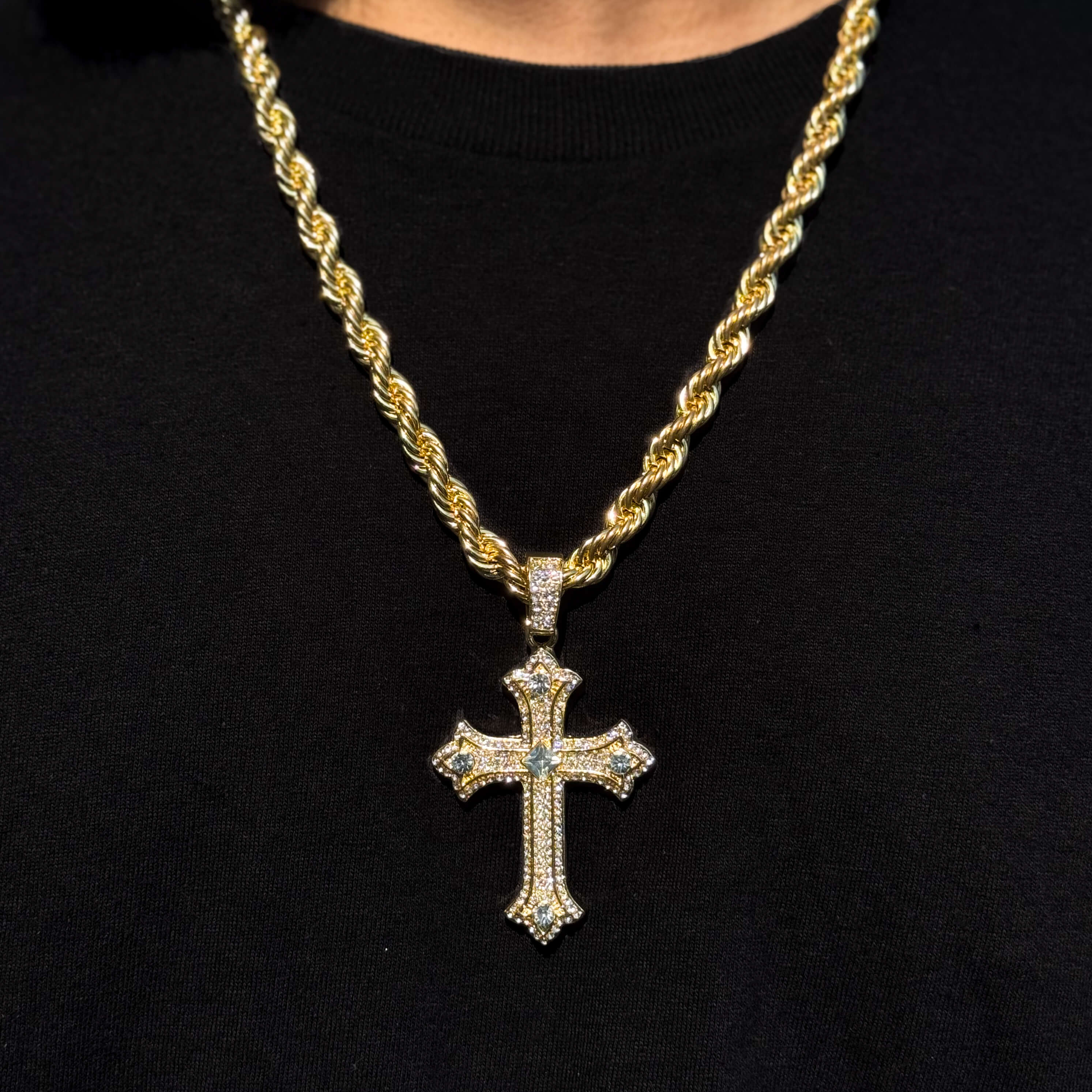 Men's Large Iced Cross Pendant with 5mm Rope Chain