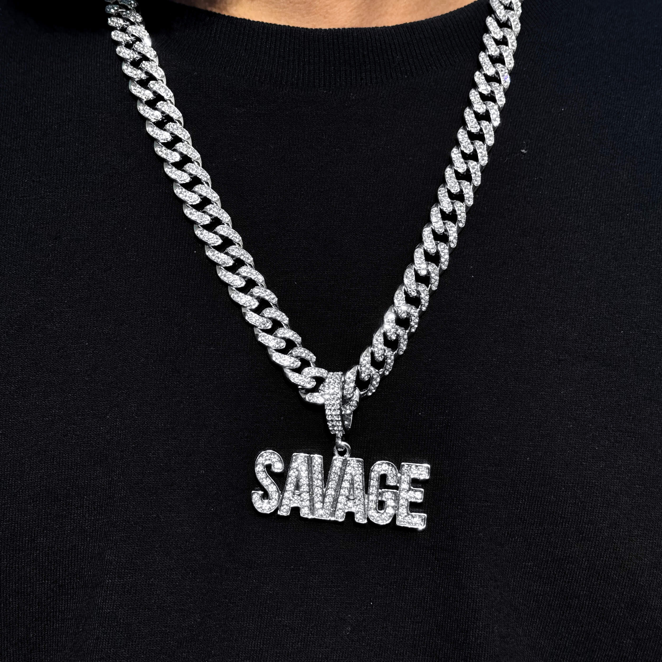 Men's Large Iced Out Savage Pendant with 12mm Iced Cuban Necklace