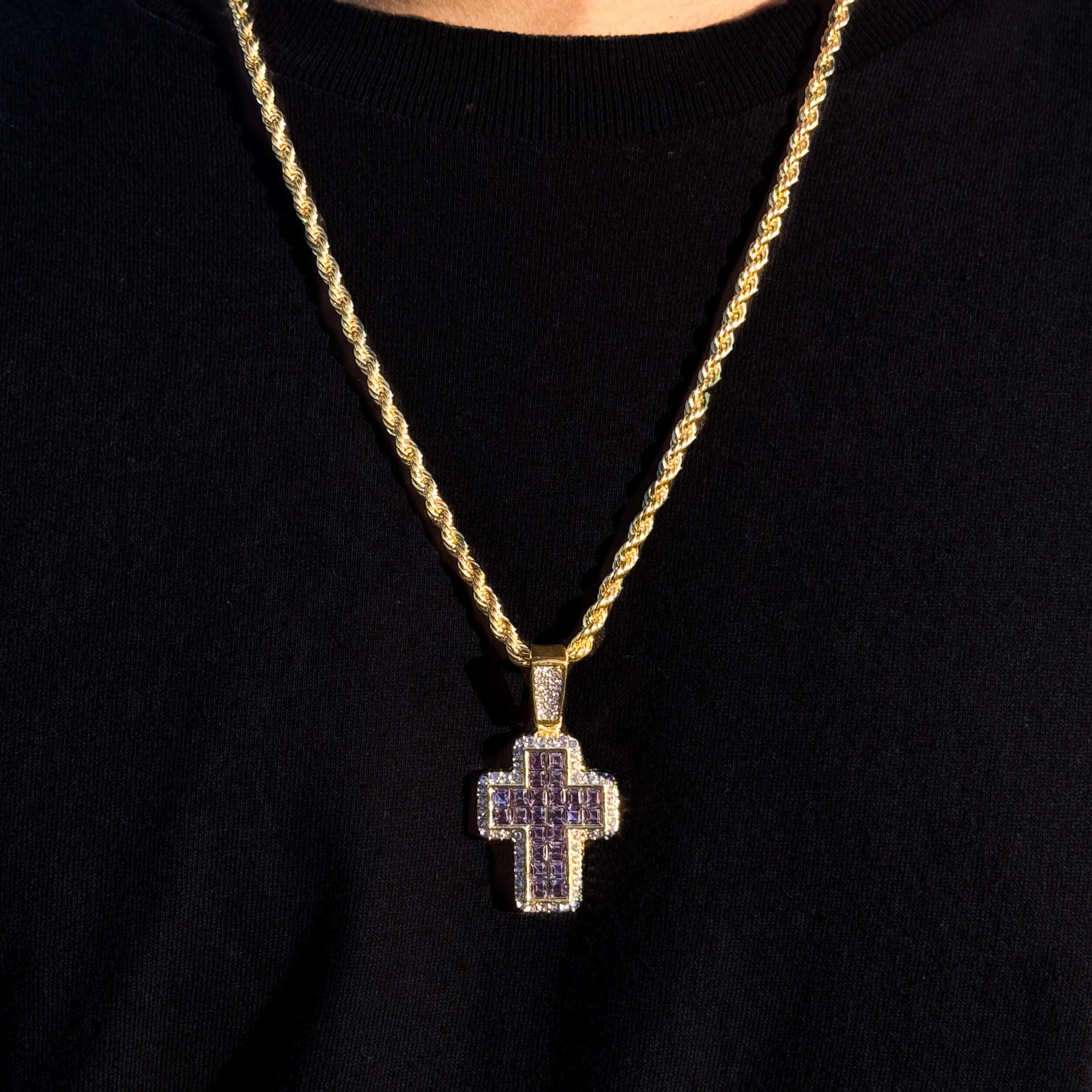 Men's gold purple cross pendant on 5mm rope chain with iced-out stones and polished finish.