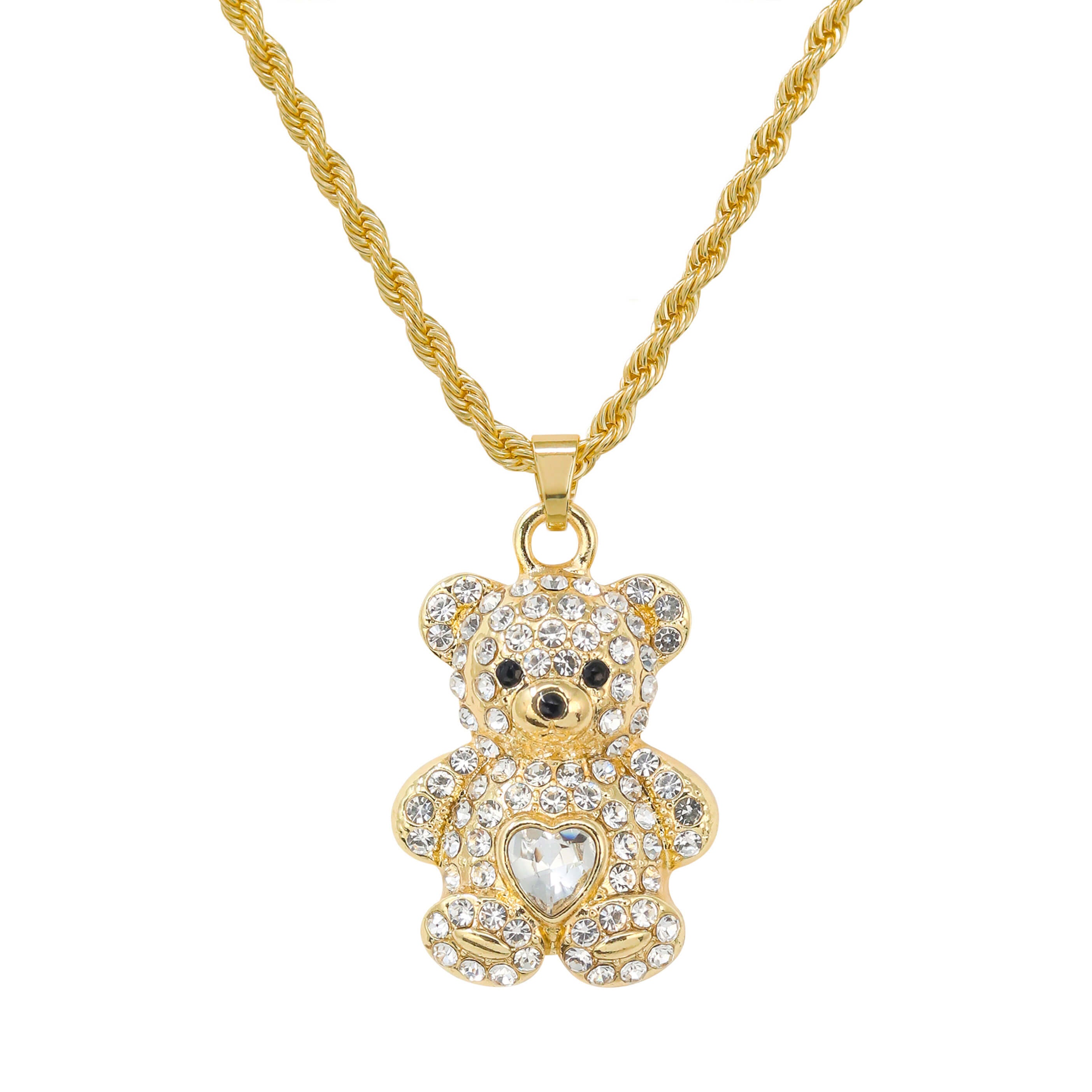 Mini Iced Heart Stone Teddy Pendant in gold finish with crystal teddy bear and heart detail.