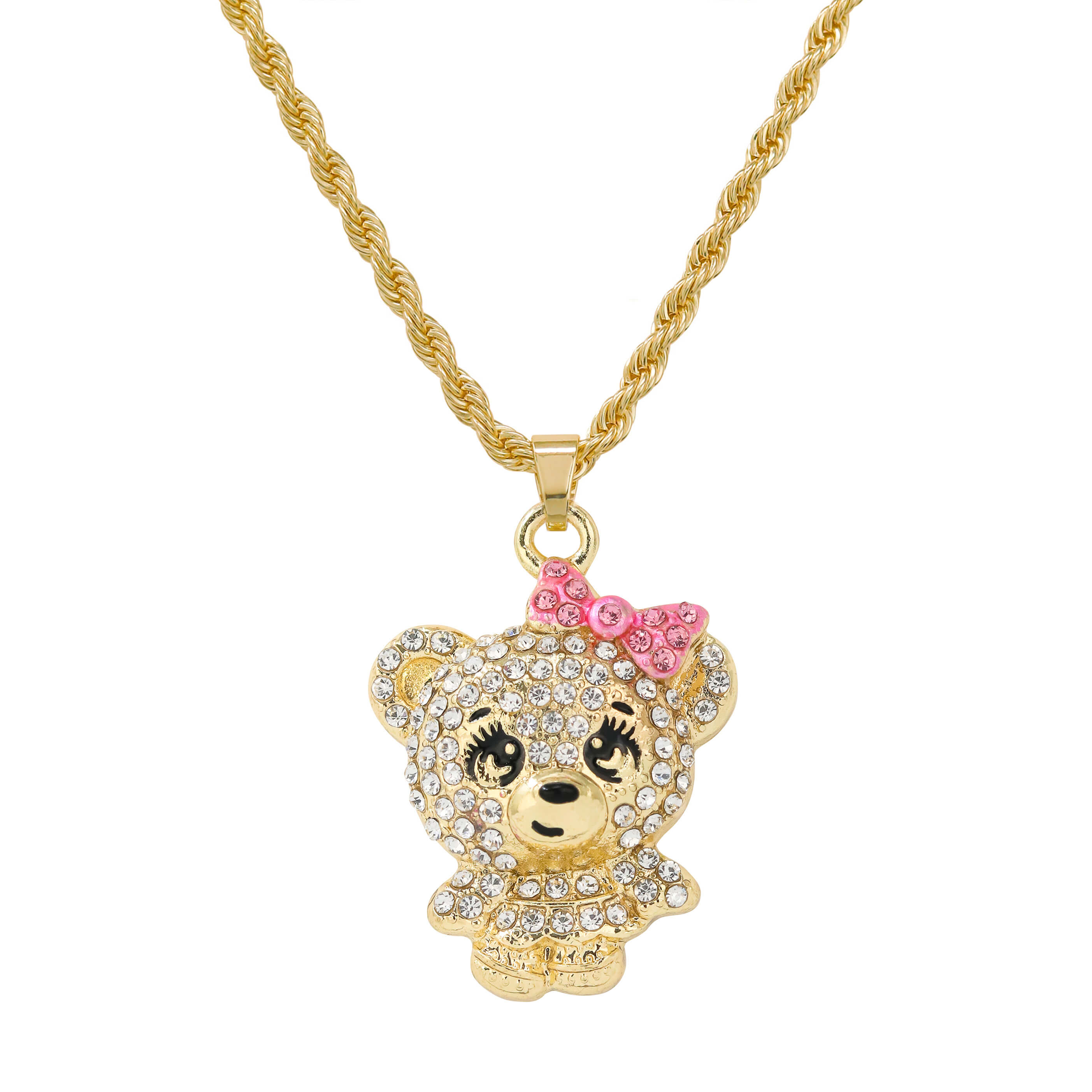 Gold Mini Iced Out Cute Bear Doll Pendant with pink bow, crystal details, and rope chain.