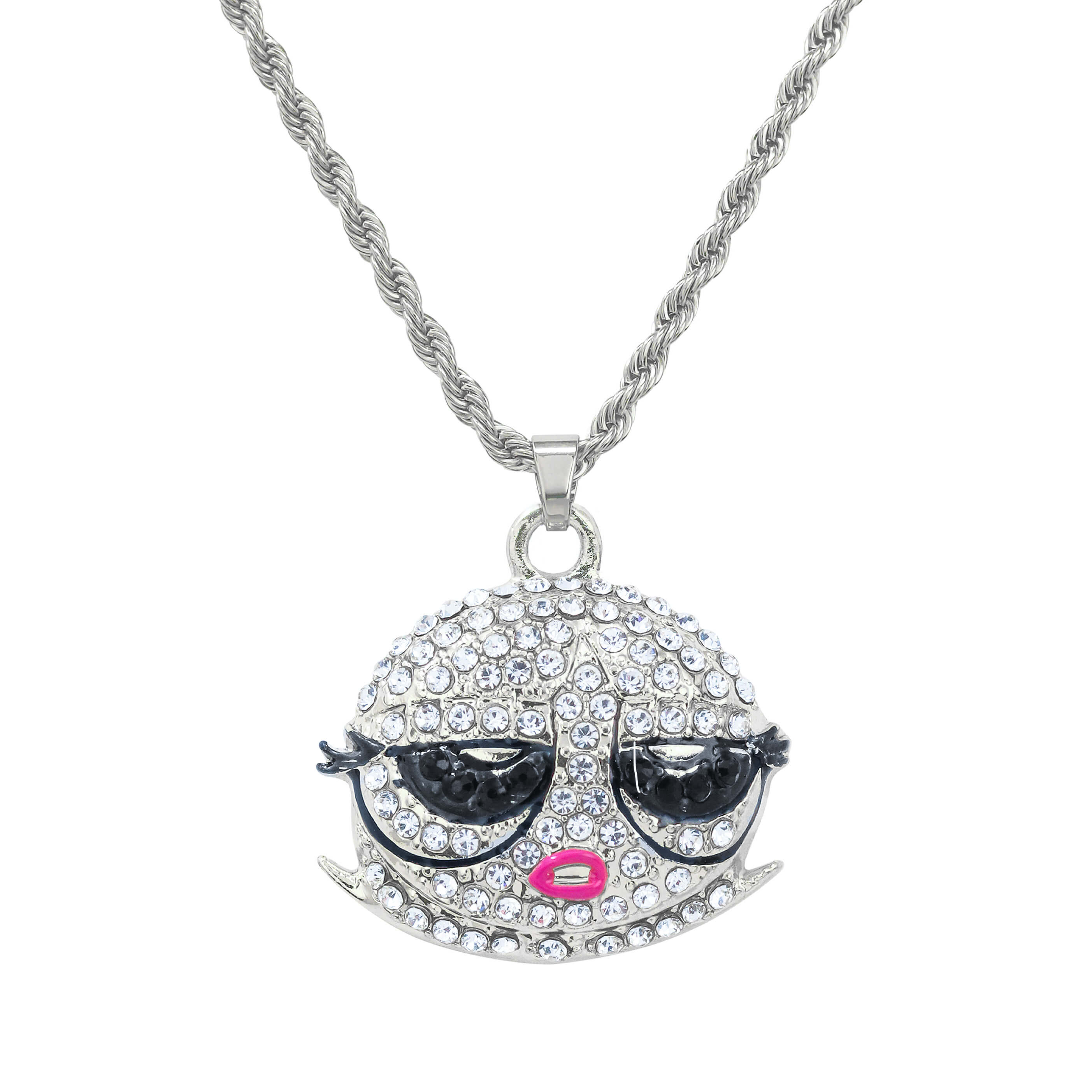 Mini Iced Out Bob Doll Pendant in silver tone with crystal face, black eyes, pink lips, and rope chain.