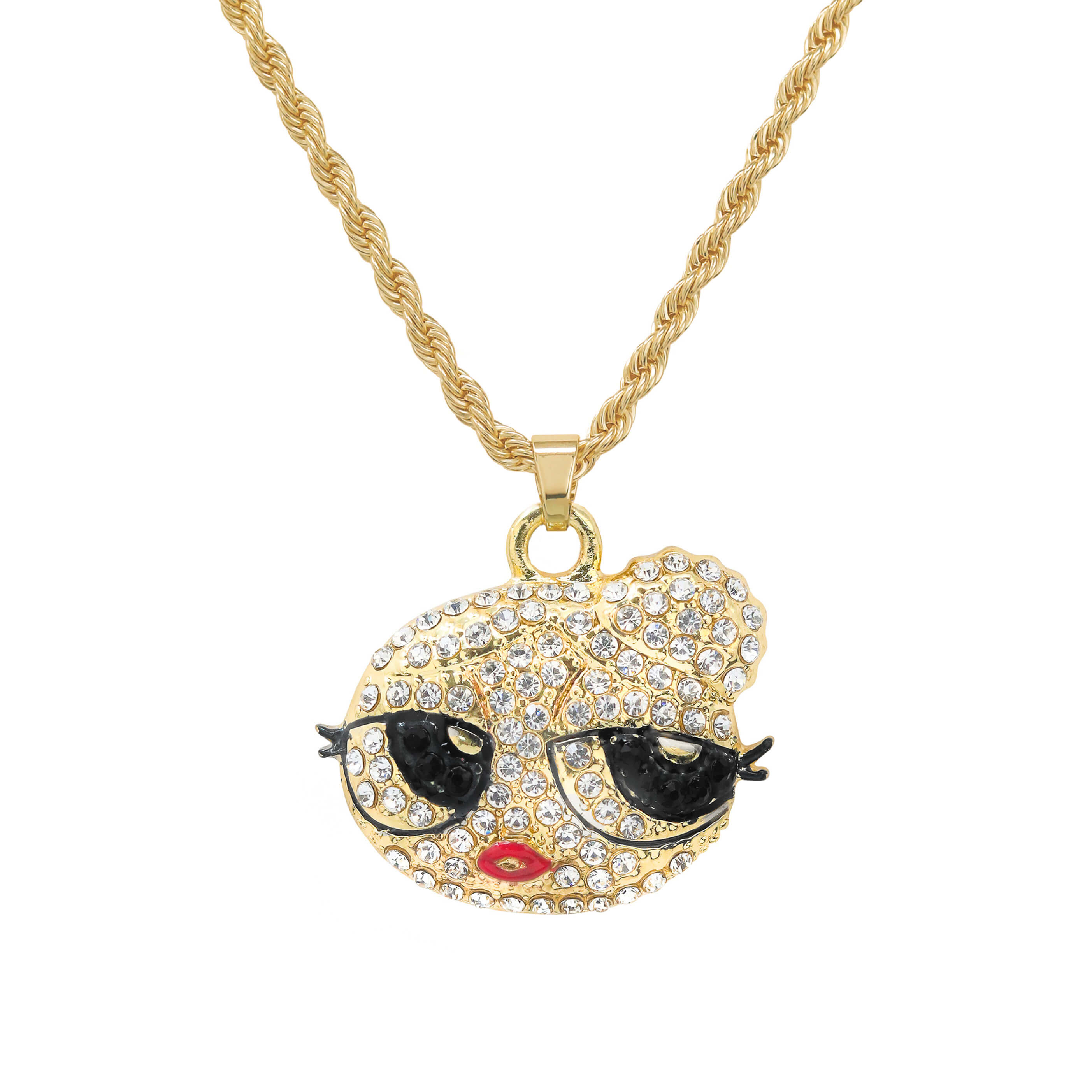 Mini Iced Out Hair Bun Doll Pendant in gold tone with rhinestone face, black eyes, and rope chain.
