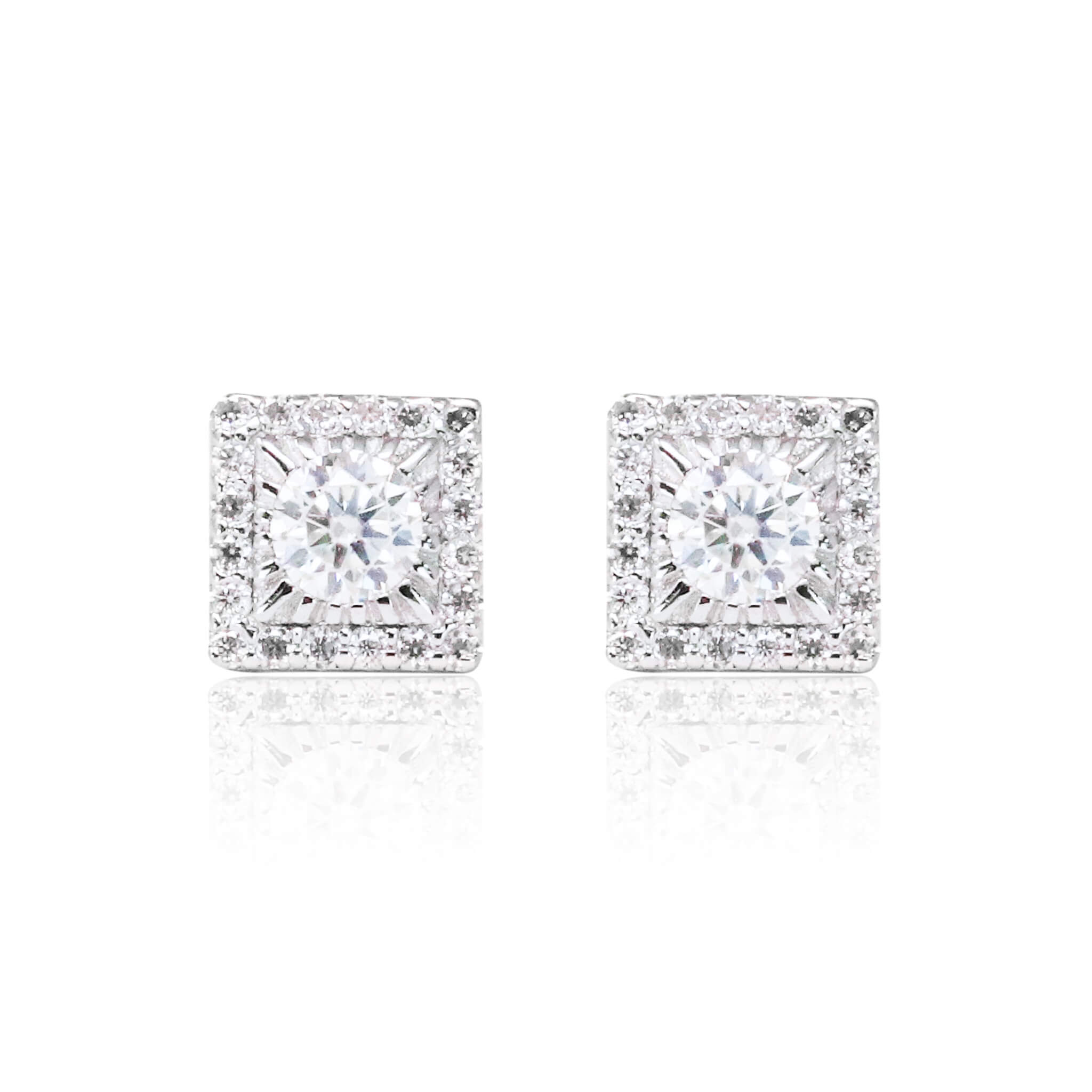 Front view of moissanite cluster earrings with 0.92ct round stones in sterling silver square setting.