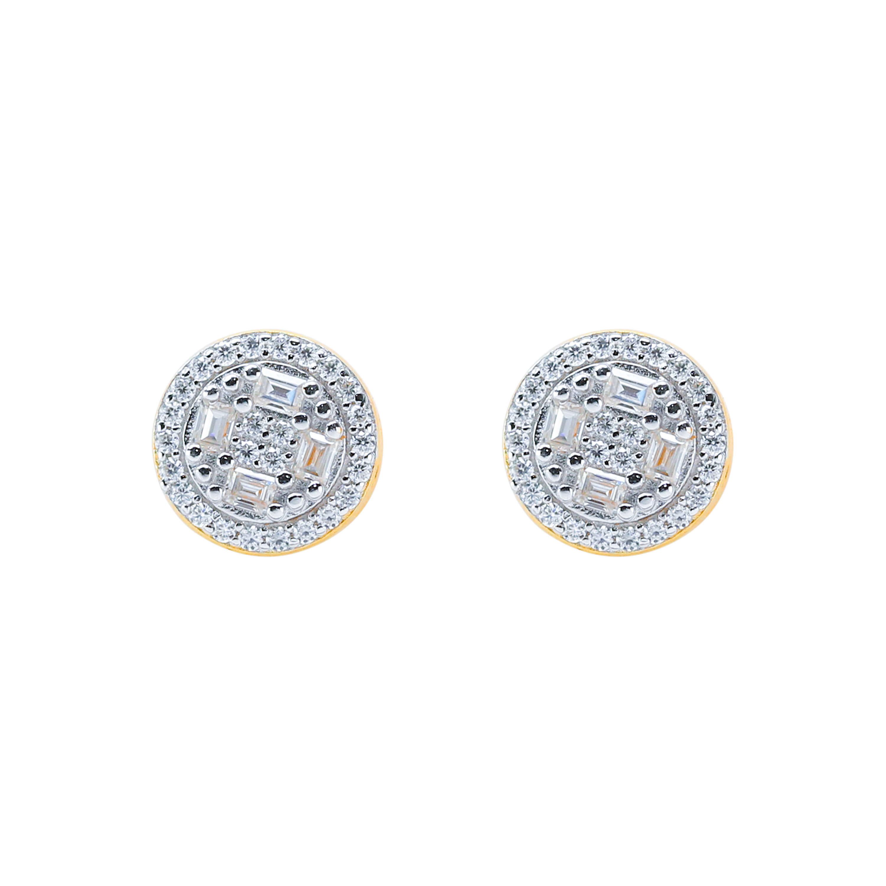 Round Moissanite cluster earrings with baguette and pavé diamonds in sterling silver and gold.
