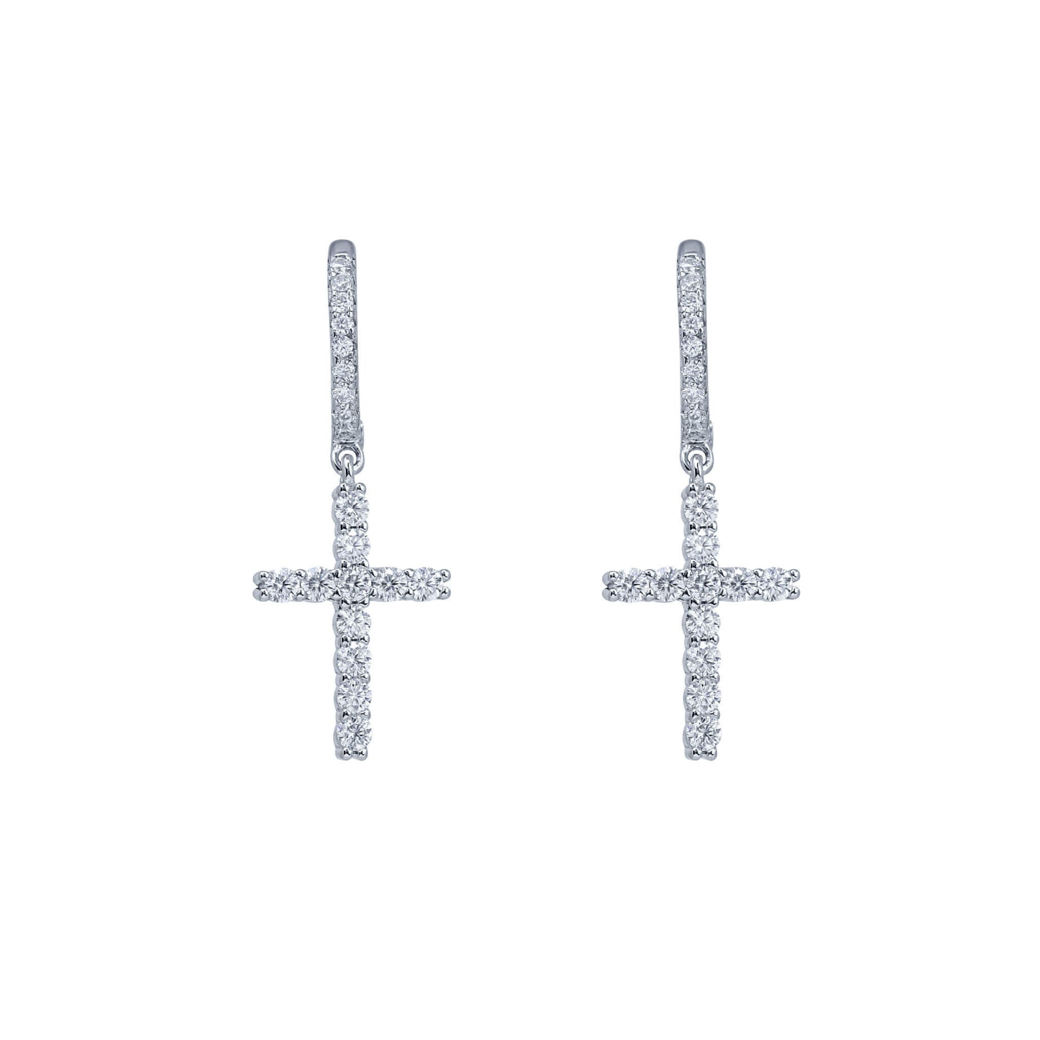 Moissanite cross drop cluster earrings in sterling silver with sparkling round diamonds.
