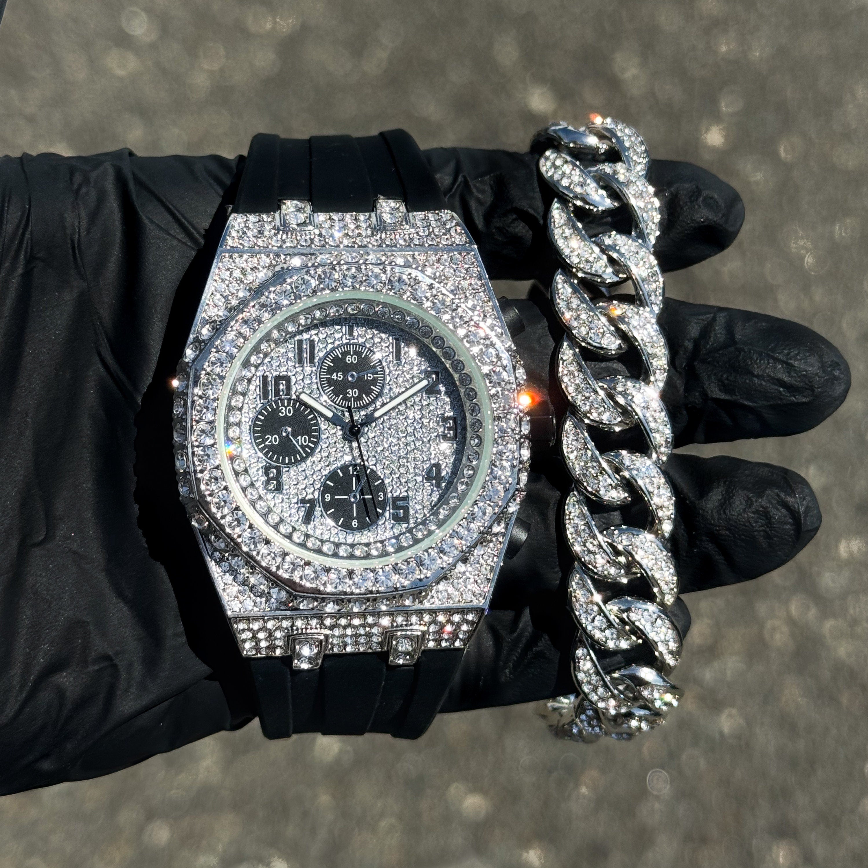 Men's 43mm Octagon Bezel Diamond Watch and Bracelet Set - Fully Iced Out Bezel with Silicon Band - Quartz Movement