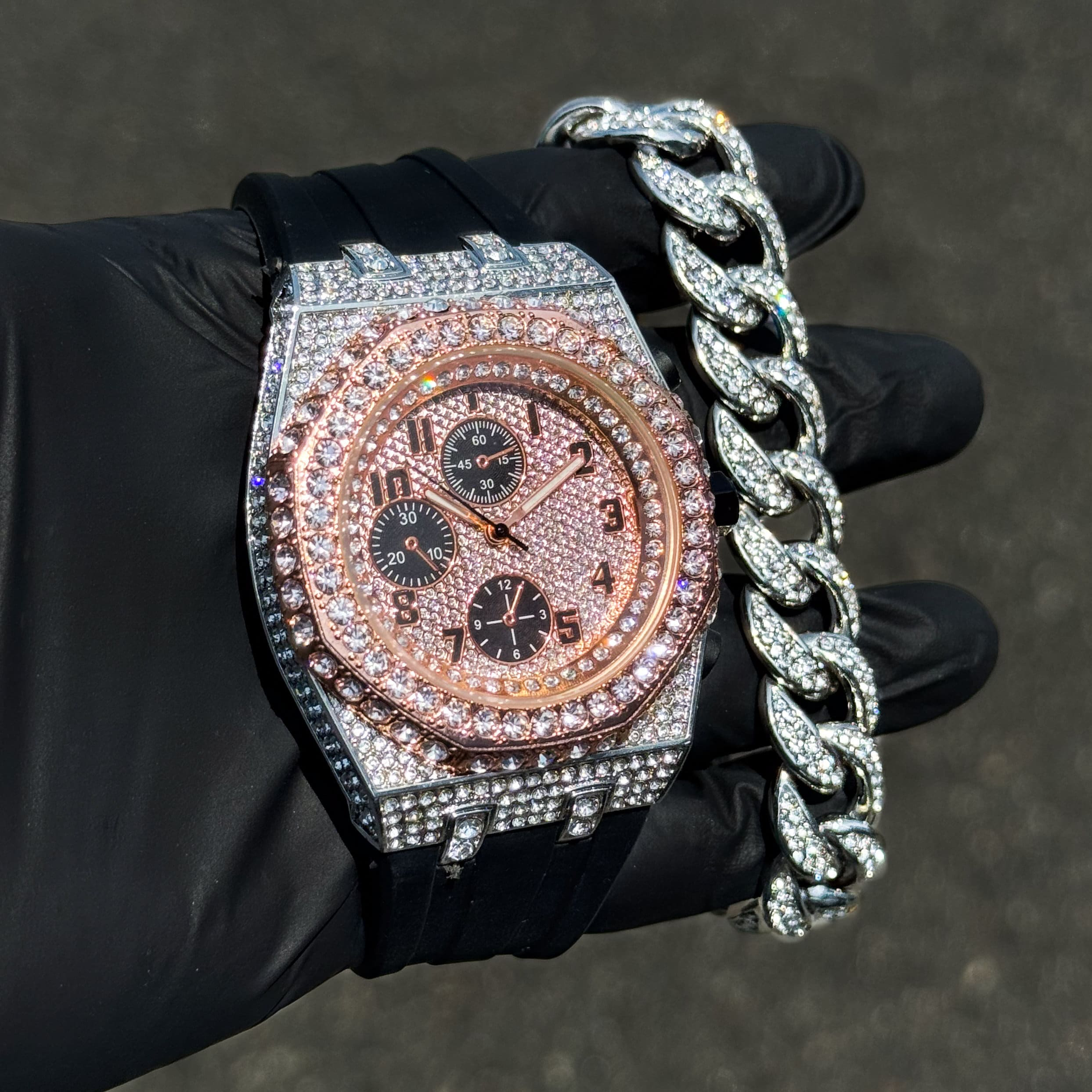 Men's 43mm Octagon Bezel Rose Gold Diamond Watch and Bracelet Set - Fully Iced Out Bezel with Silicon Band - Quartz Movement