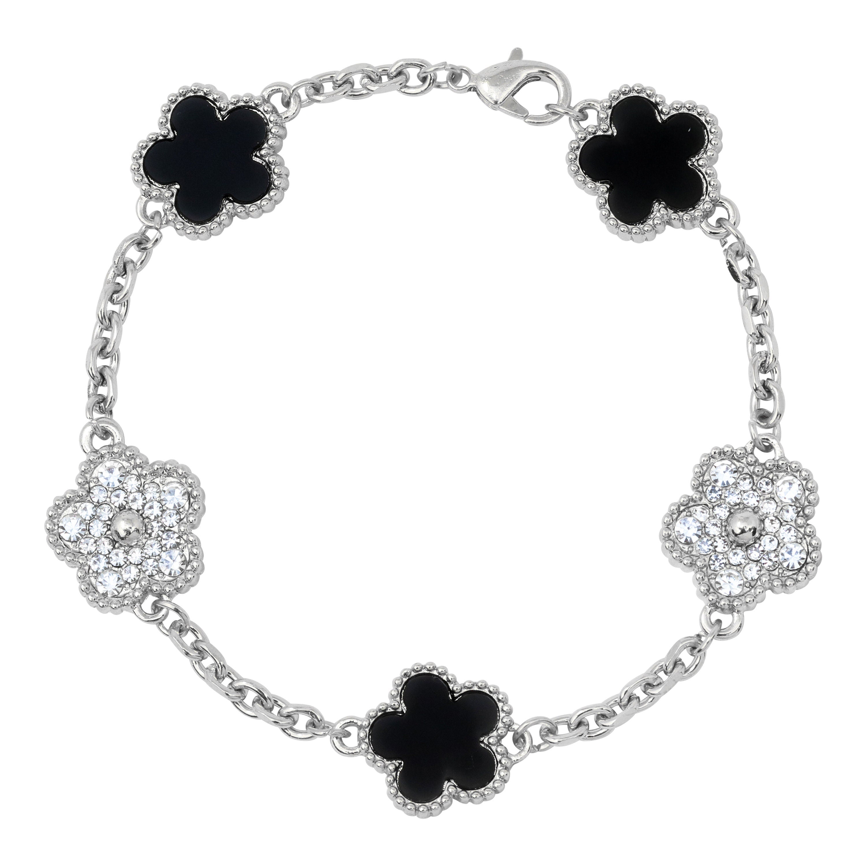 Men's Silver Iced Out 15mm Iced 5-Leaf Clover Link Chain Bracelet - Double Sided Pattern