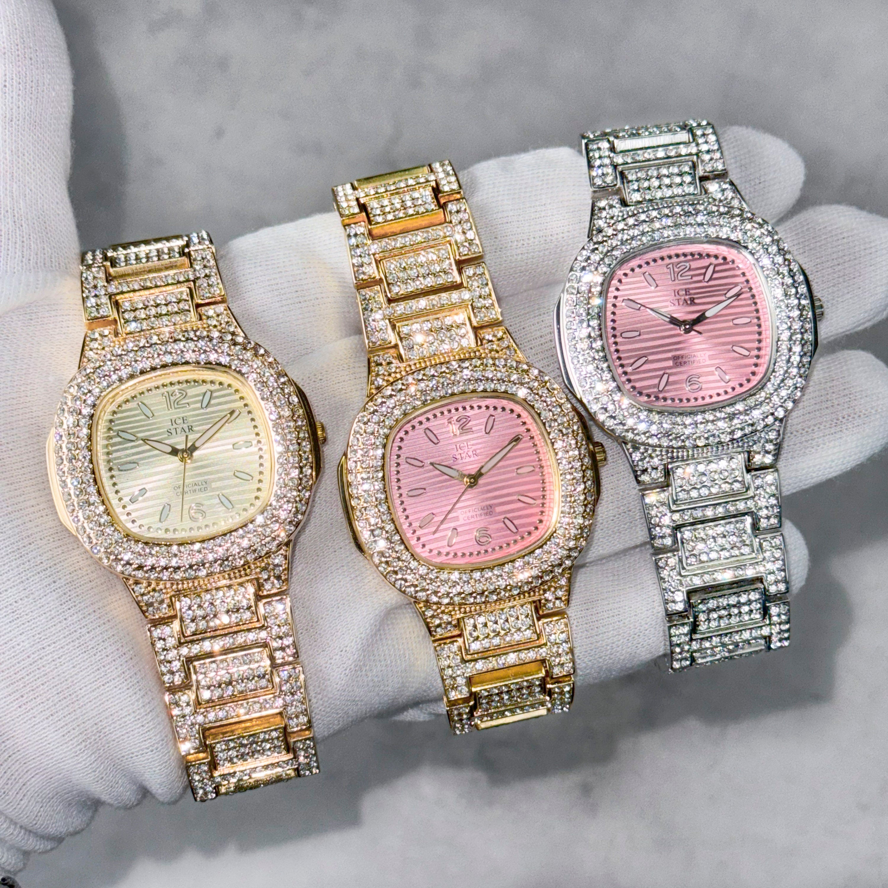 Women's 39mm square diamond watches in gold, pink, and silver with iced-out bands and numeral dial.