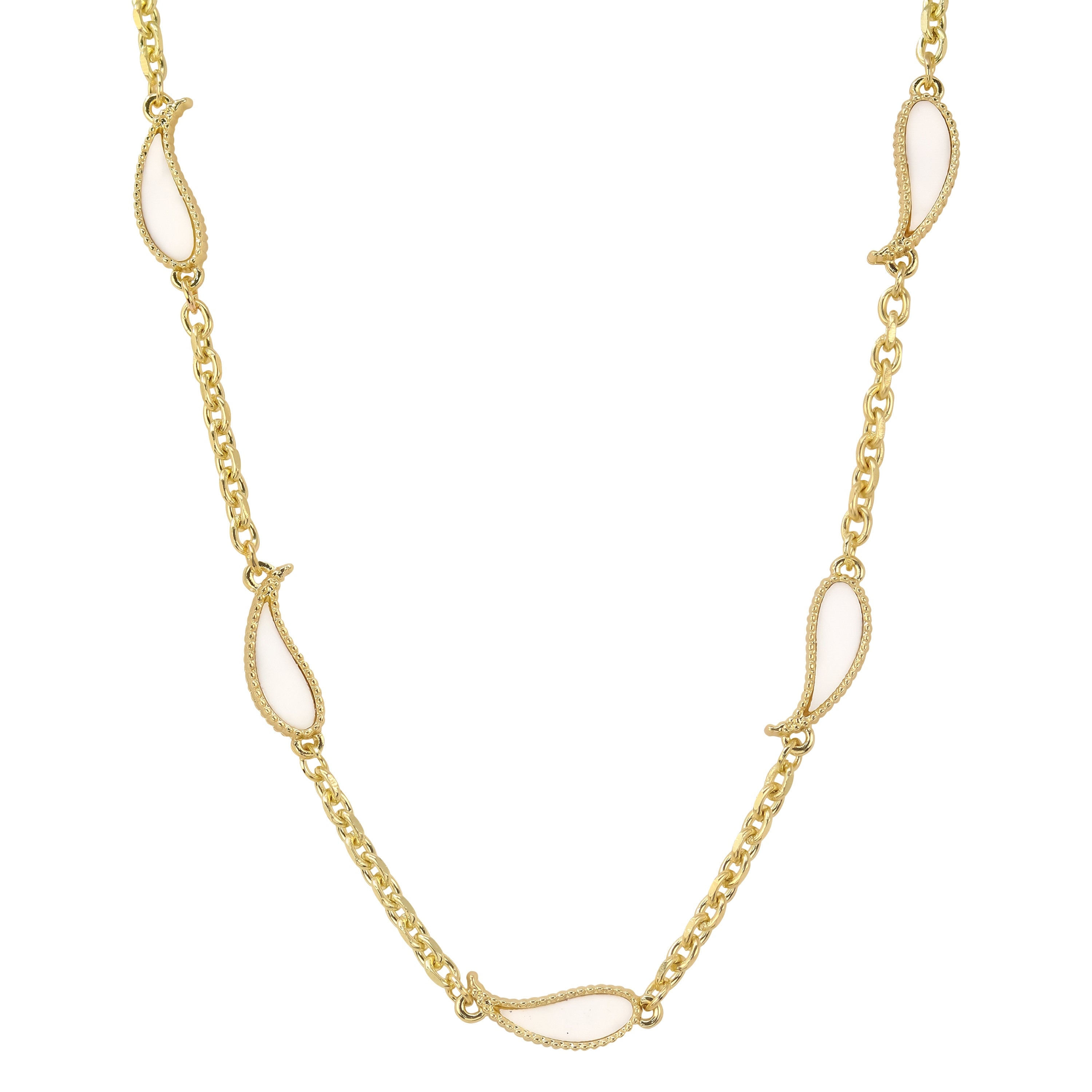 Gold Men’s 7mm White Paisley Multi-Charm Necklace with double-sided teardrop paisley accents.