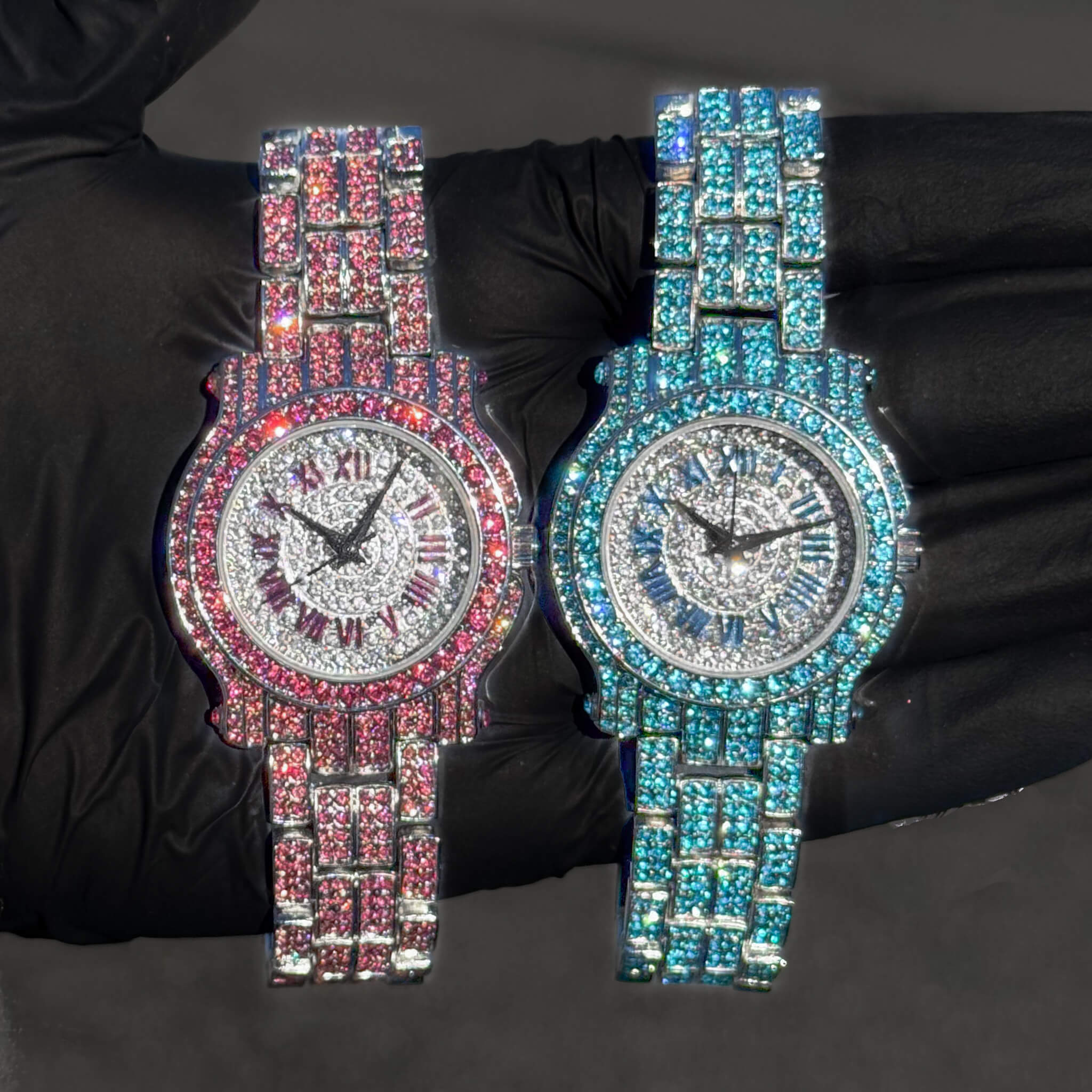 Pink and blue 35mm diamond women’s watch set with iced Roman dial and quartz movement.
