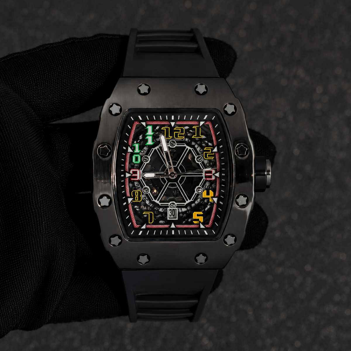 Men's 43mm Tonneau Watch - Matte Finish, and Adjustable Silicone Band -  Automatic Movement