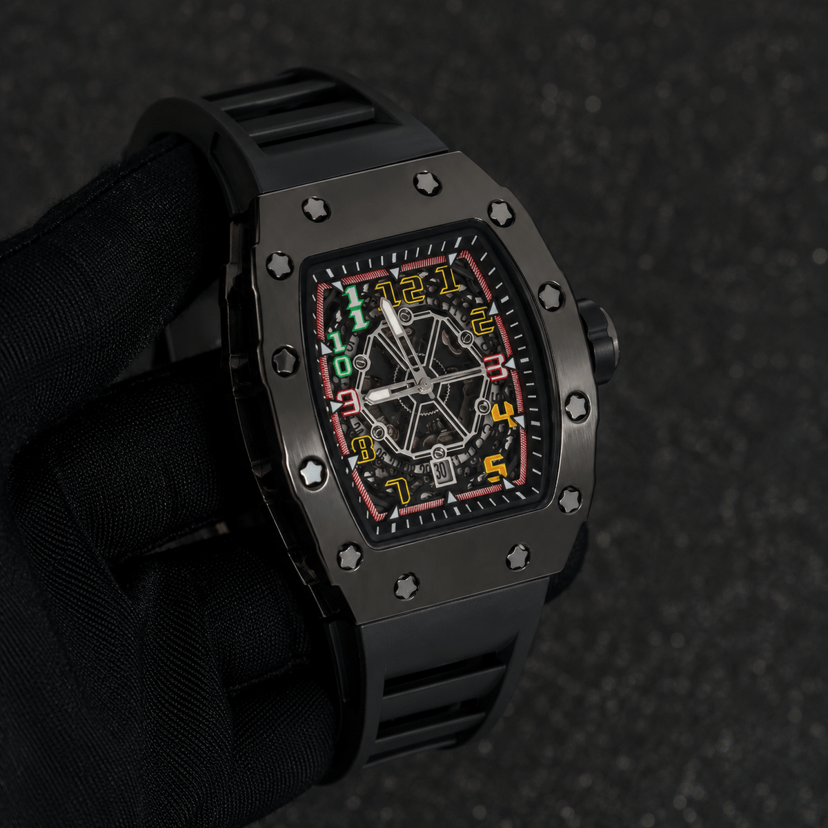 Men's 43mm Tonneau Watch - Matte Finish, and Adjustable Silicone Band -  Automatic Movement