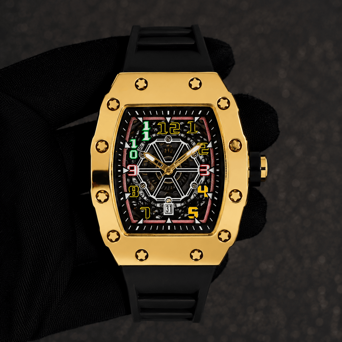 Men's 43mm Tonneau Watch - Matte Finish, and Adjustable Silicone Band -  Automatic Movement