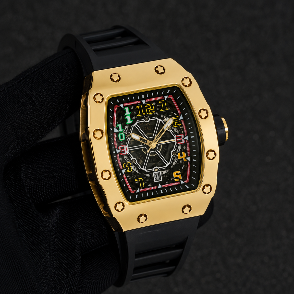 Men's 43mm Tonneau Watch - Matte Finish, and Adjustable Silicone Band -  Automatic Movement