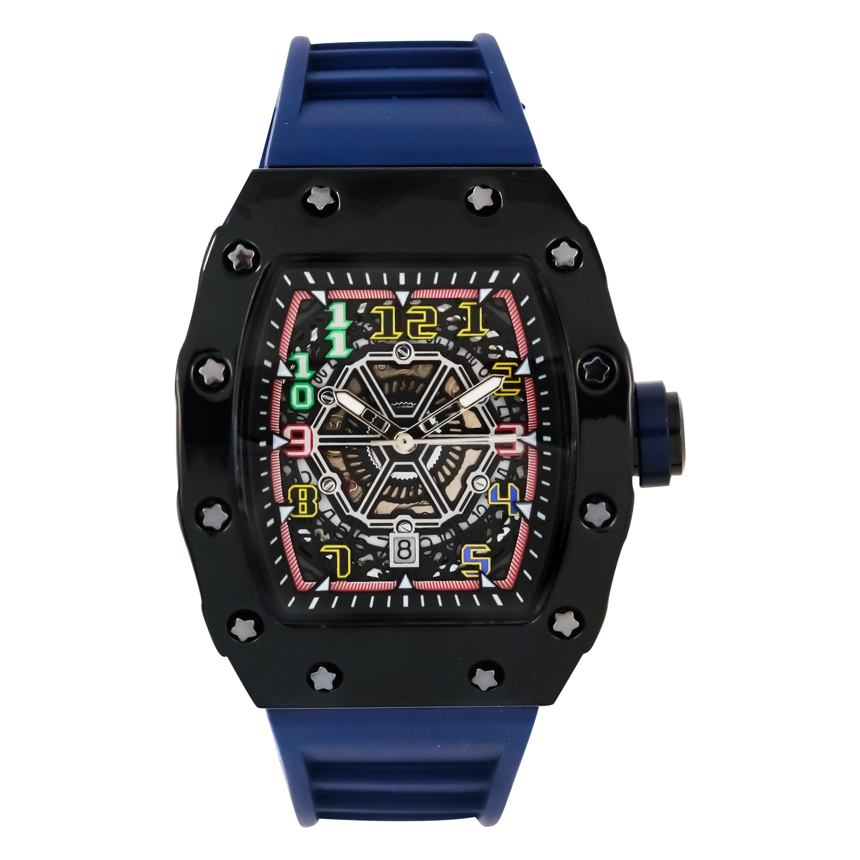 Men's 43mm Tonneau Watch - Matte Finish, and Adjustable Silicone Band -  Automatic Movement