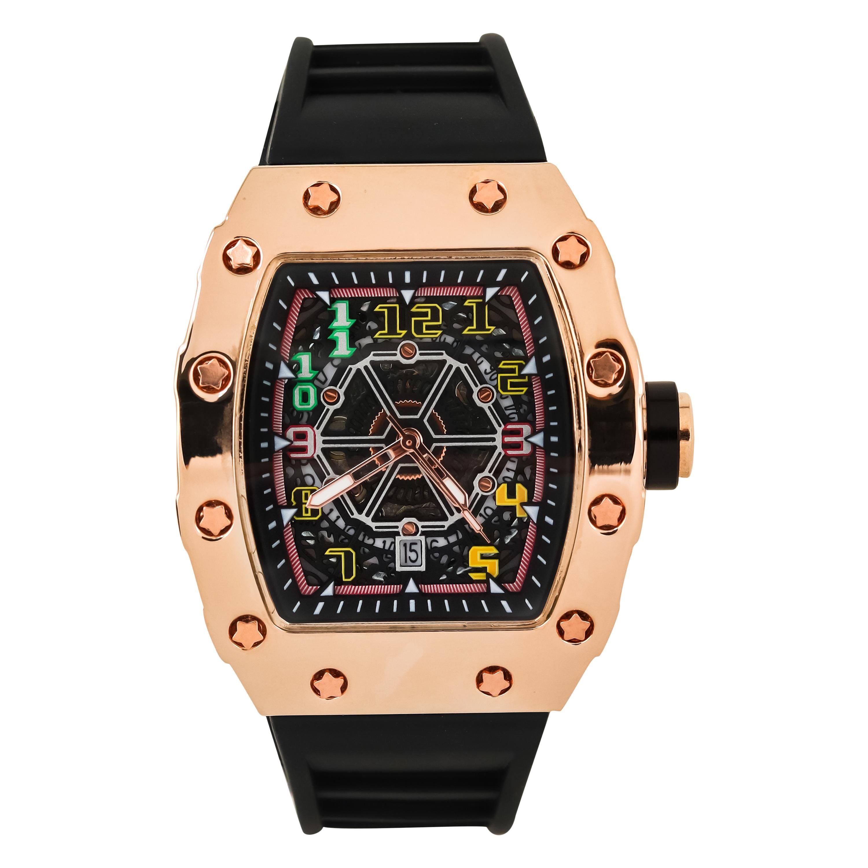 Men's 43mm Tonneau Watch - Matte Finish, and Adjustable Silicone Band -  Automatic Movement