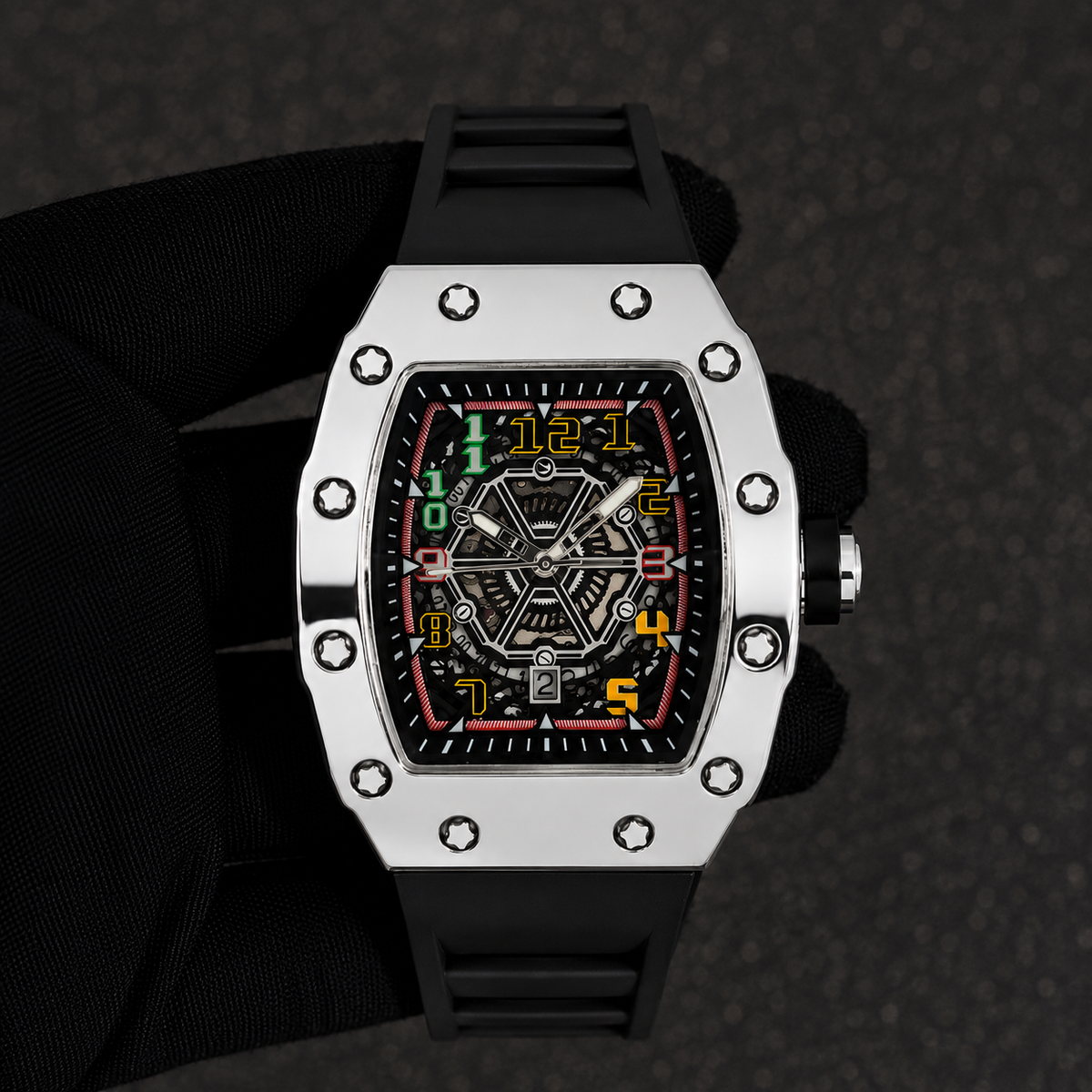 Men's 43mm Tonneau Watch - Matte Finish, and Adjustable Silicone Band -  Automatic Movement