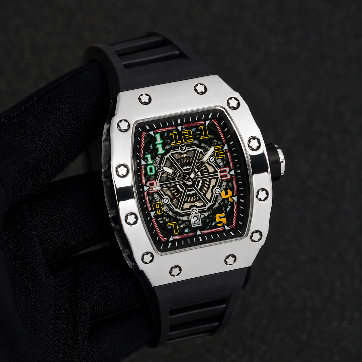 Men's 43mm Tonneau Watch - Matte Finish, and Adjustable Silicone Band -  Automatic Movement