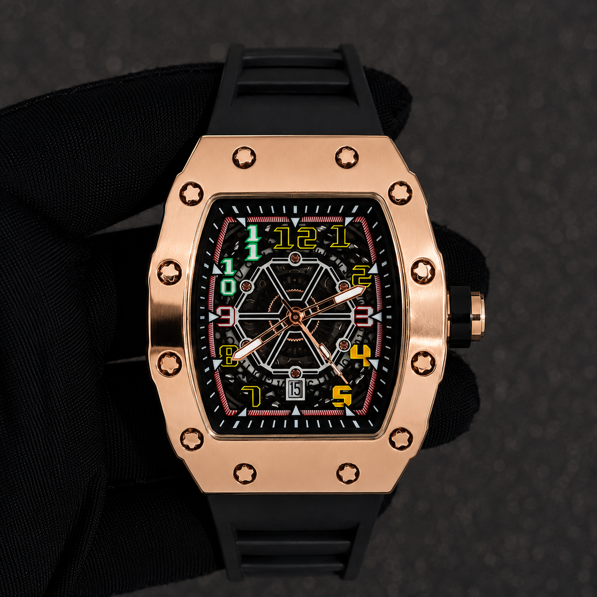 Men's 43mm Tonneau Watch - Matte Finish, and Adjustable Silicone Band -  Automatic Movement