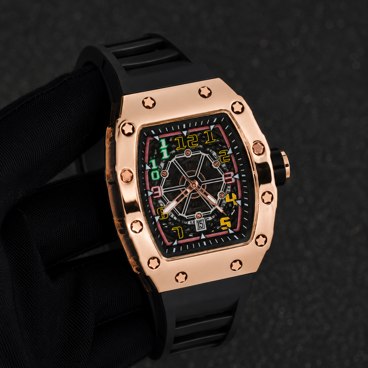 Men's 43mm Tonneau Watch - Matte Finish, and Adjustable Silicone Band -  Automatic Movement