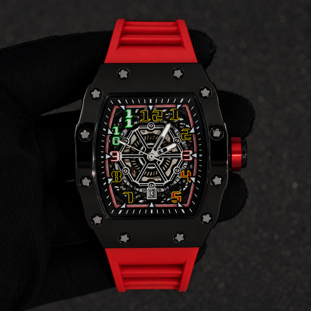 Men's 43mm Tonneau Watch - Matte Finish, and Adjustable Silicone Band -  Automatic Movement