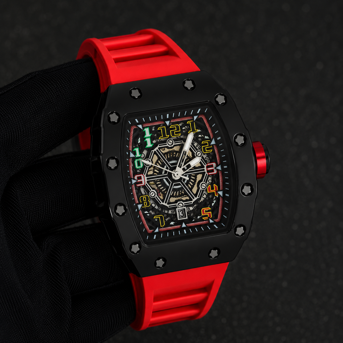 Men's 43mm Tonneau Watch - Matte Finish, and Adjustable Silicone Band -  Automatic Movement