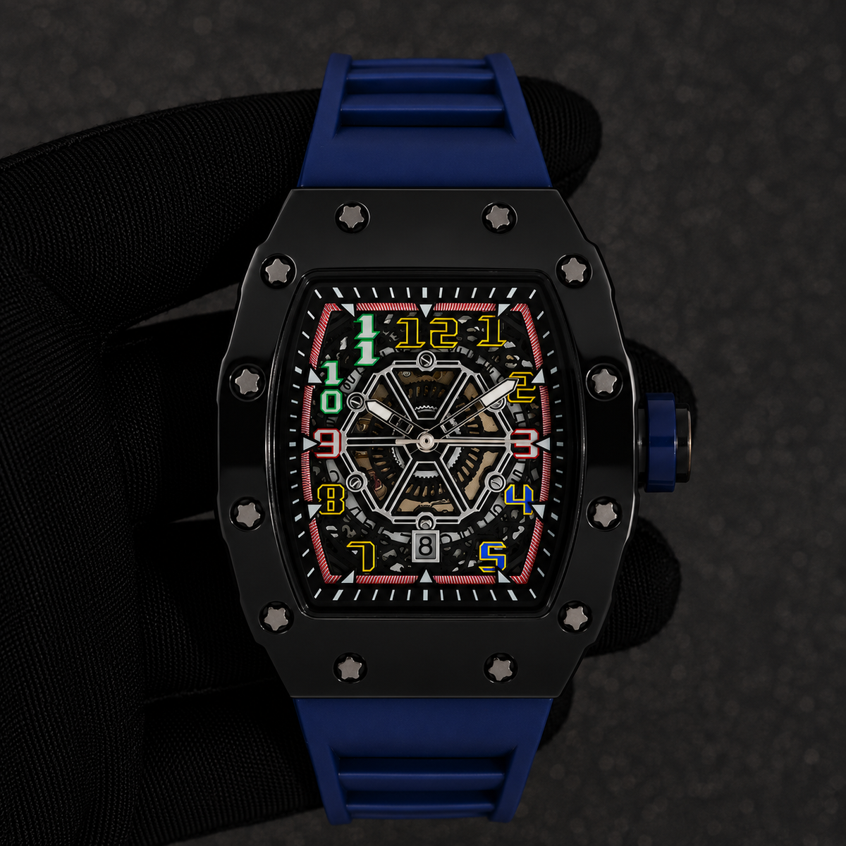 Men's 43mm Tonneau Watch - Matte Finish, and Adjustable Silicone Band -  Automatic Movement