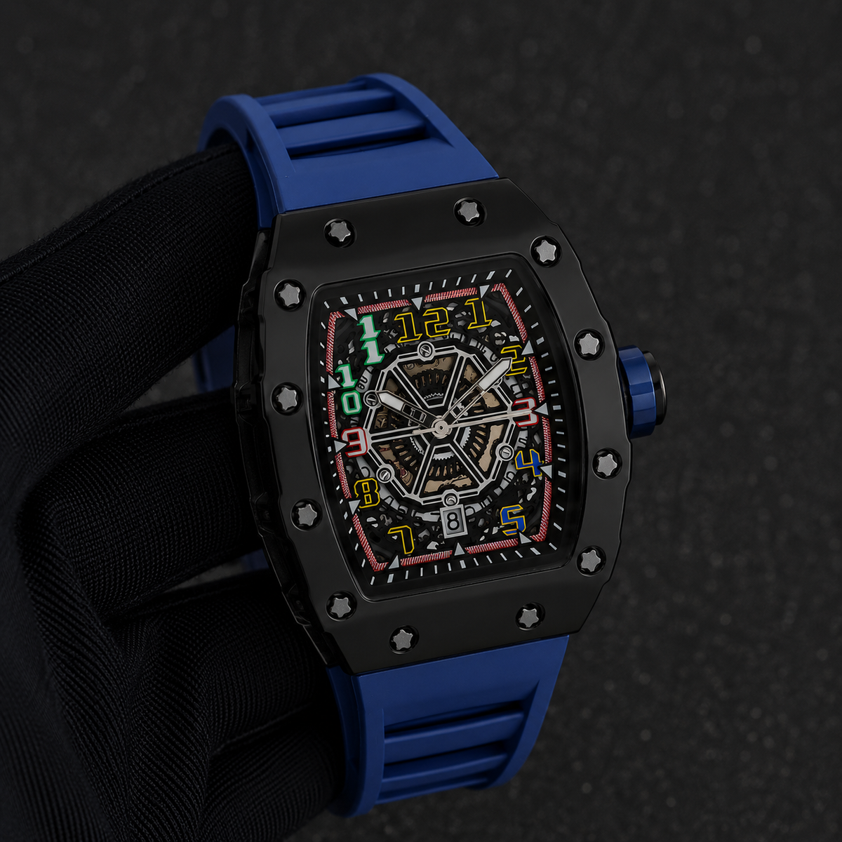 Men's 43mm Tonneau Watch - Matte Finish, and Adjustable Silicone Band -  Automatic Movement