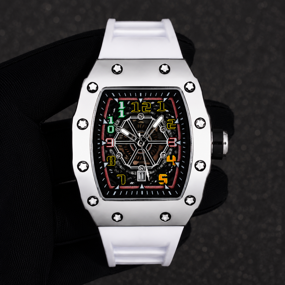 Men's 43mm Tonneau Watch - Matte Finish, and Adjustable Silicone Band -  Automatic Movement