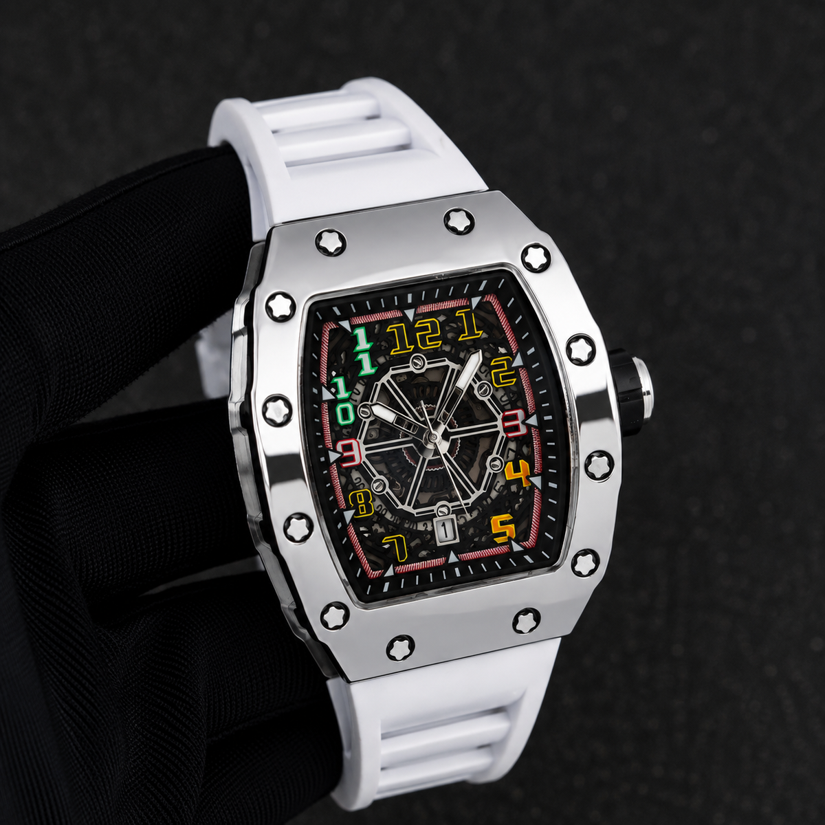 Men's 43mm Tonneau Watch - Matte Finish, and Adjustable Silicone Band -  Automatic Movement