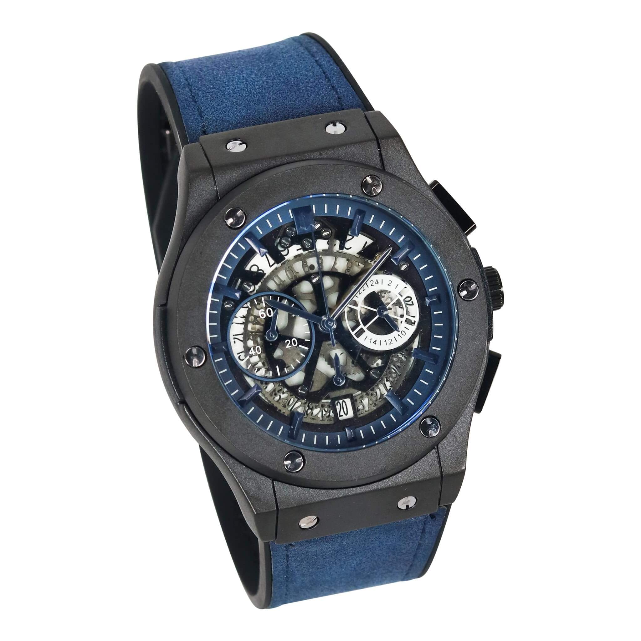 Men’s 44mm Skeleton Dial Watch - Leather Band, Quartz Movement