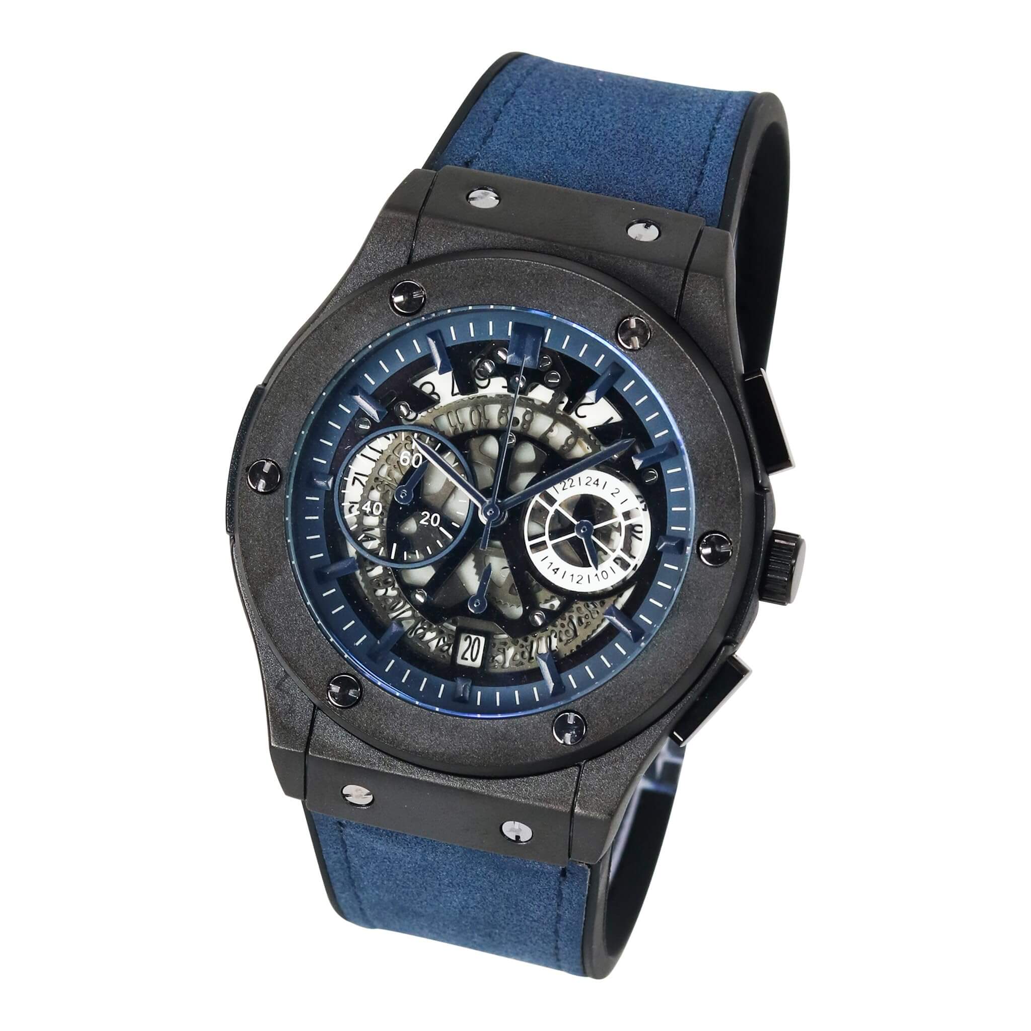Men’s 44mm Skeleton Dial Watch - Leather Band, Quartz Movement