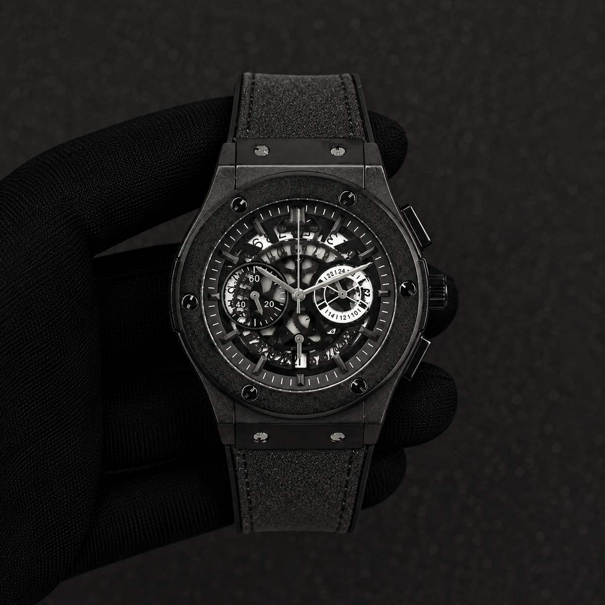 Men’s 44mm Skeleton Dial Watch - Leather Band, Quartz Movement