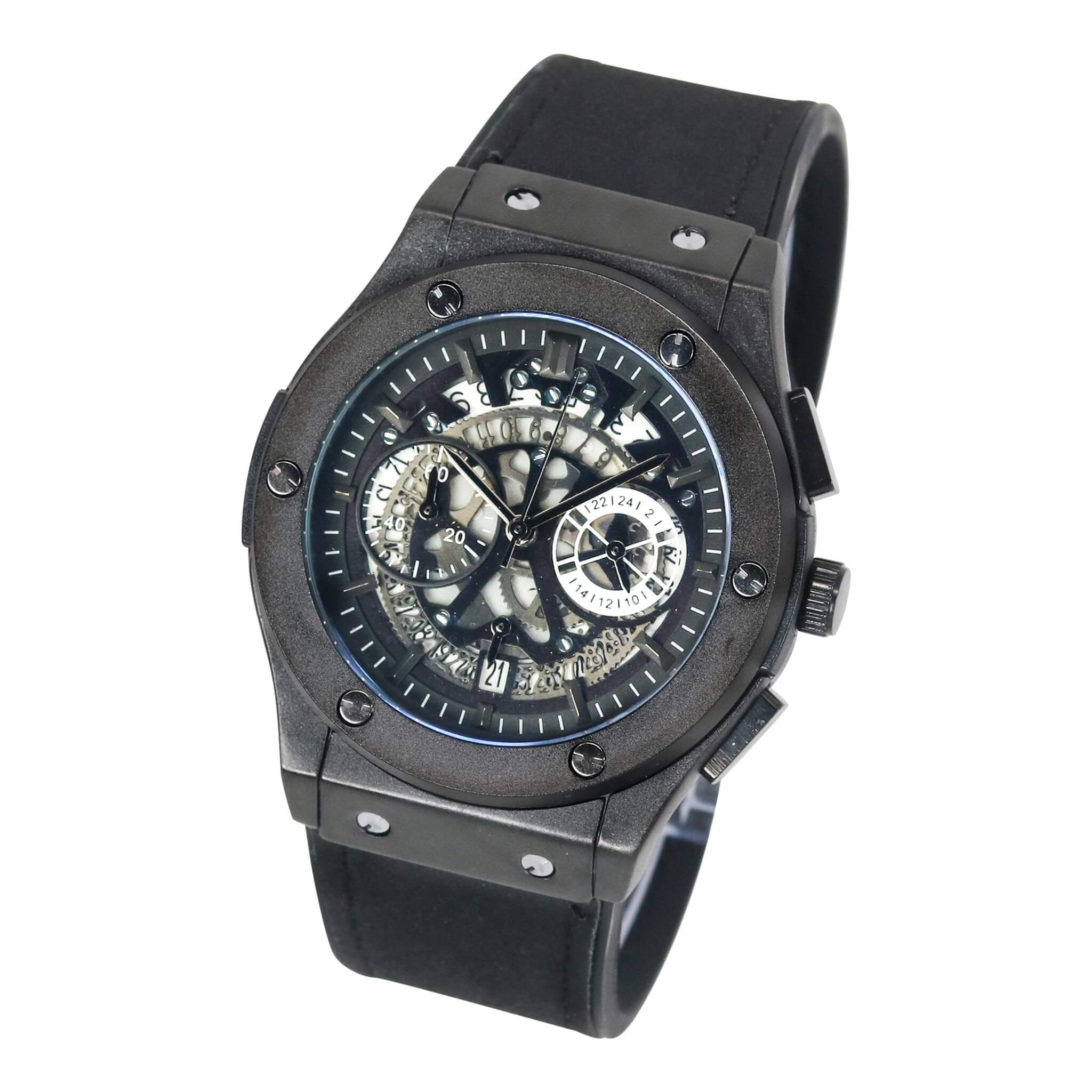 Men’s 44mm Skeleton Dial Watch - Leather Band, Quartz Movement