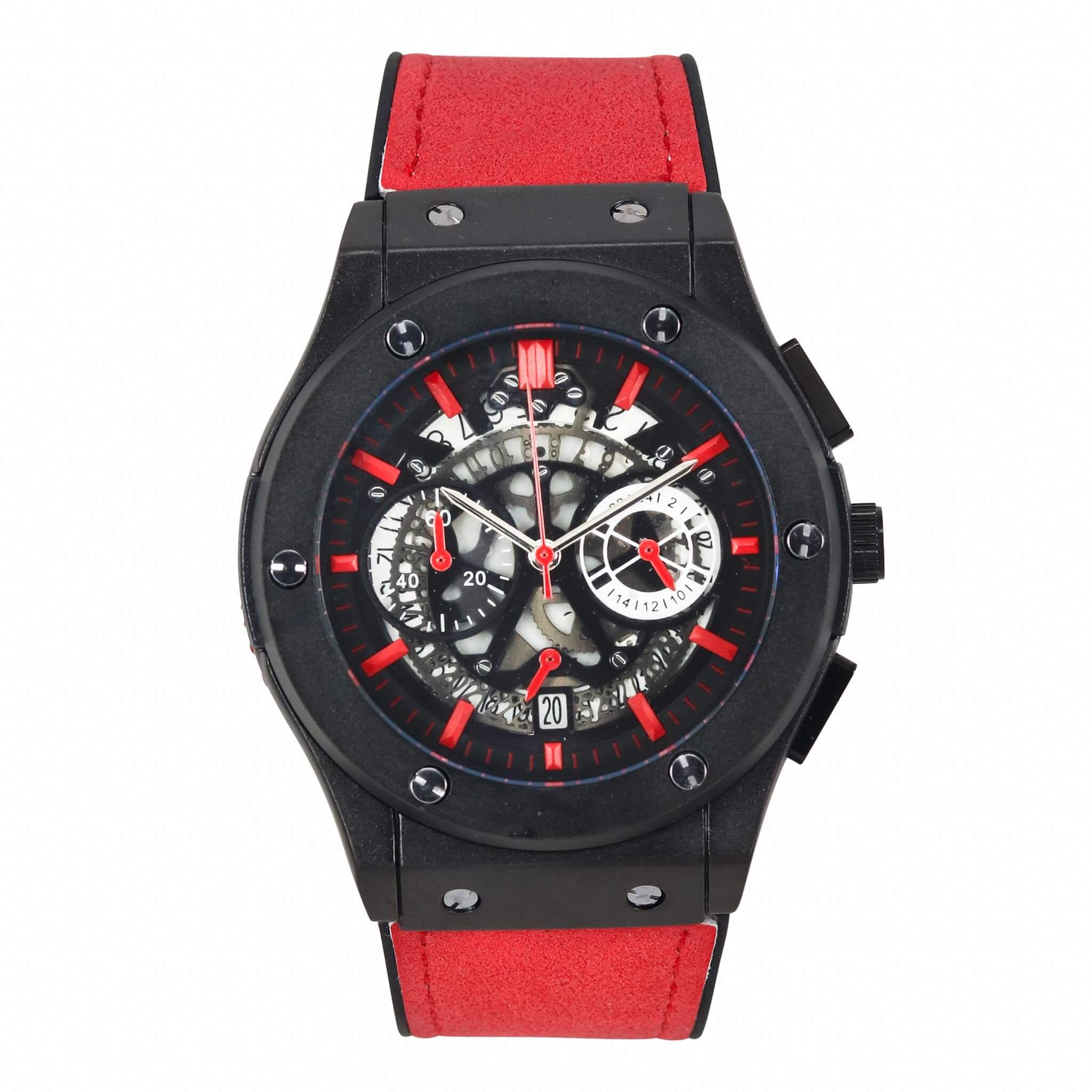 Men’s 44mm Skeleton Dial Watch - Leather Band, Quartz Movement