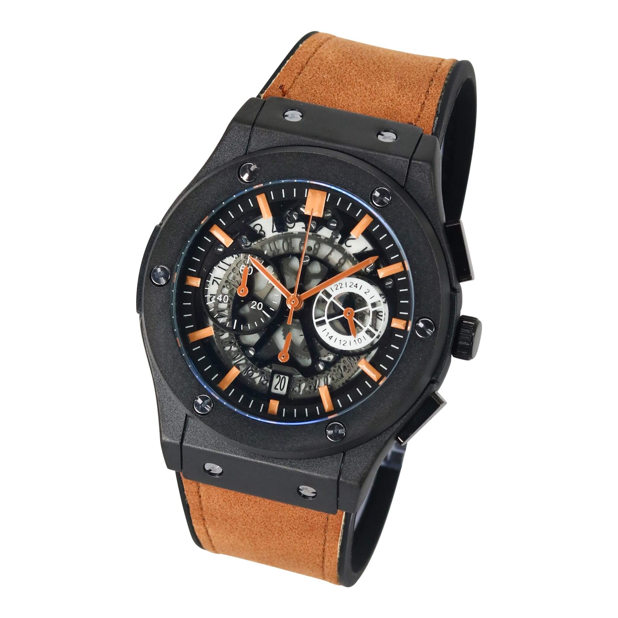 Men’s 44mm Skeleton Dial Watch - Leather Band, Quartz Movement