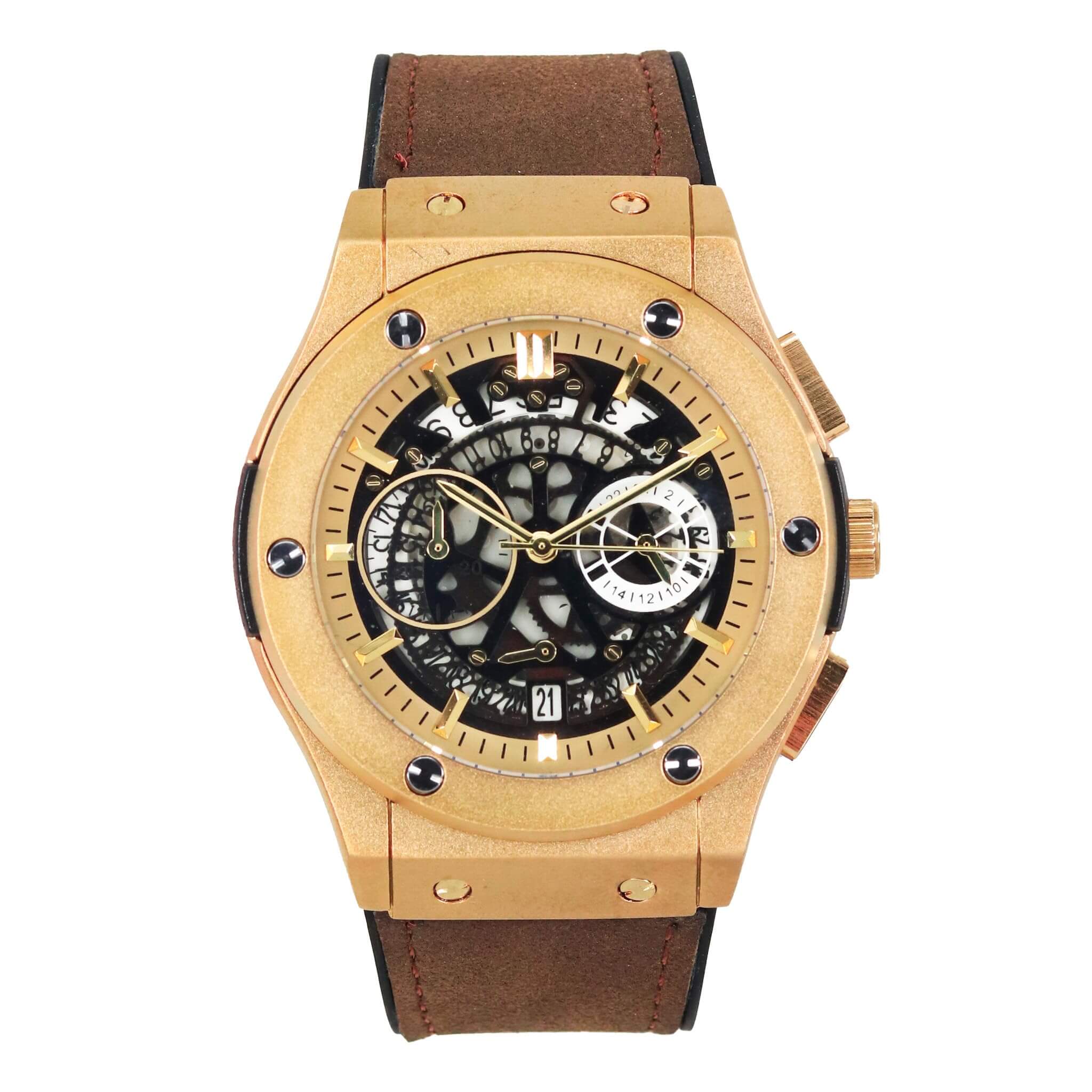 Men’s 44mm Skeleton Dial Watch - Leather Band, Quartz Movement