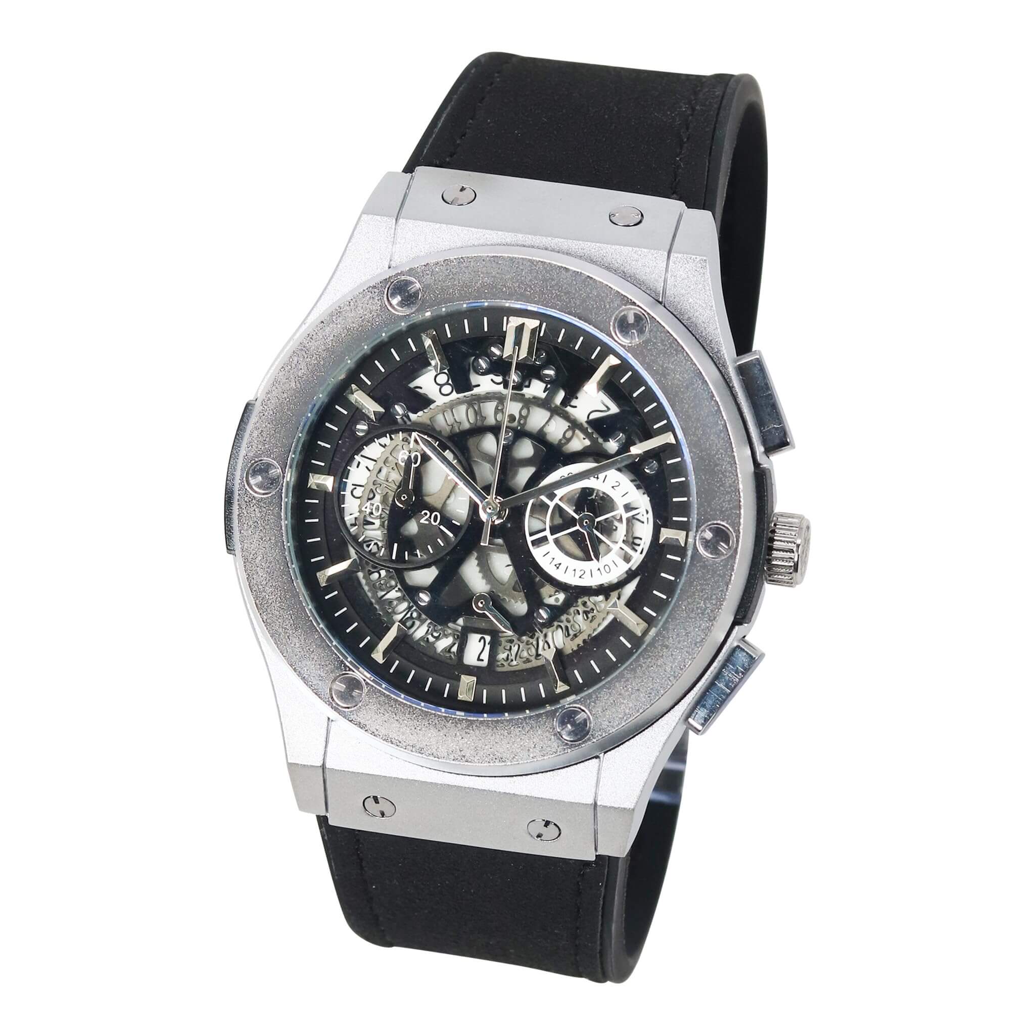 Men’s 44mm Skeleton Dial Watch - Leather Band, Quartz Movement