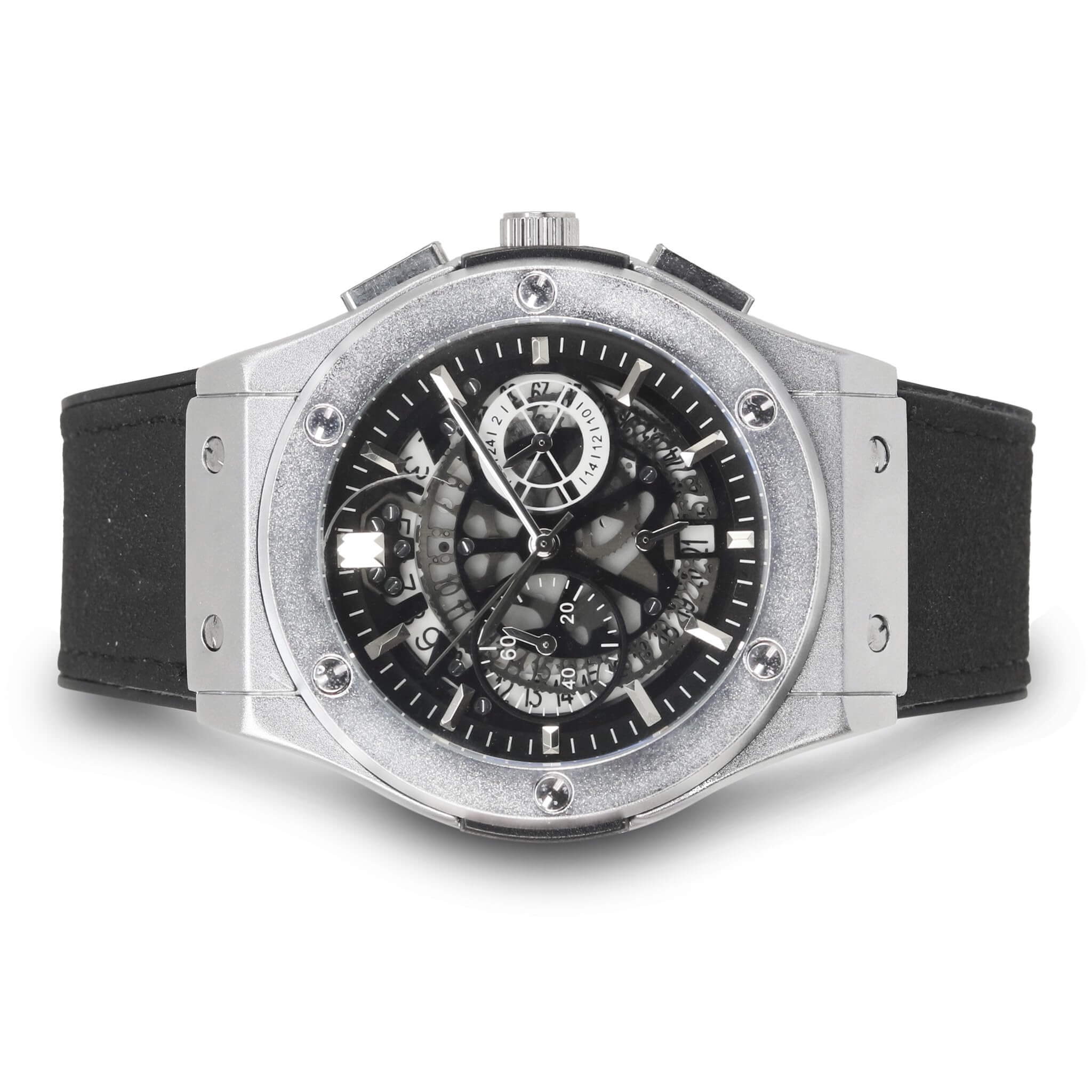 Men’s 44mm Skeleton Dial Watch - Leather Band, Quartz Movement