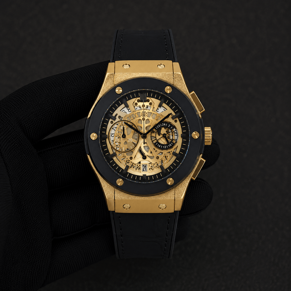 Men’s 44mm Skeleton Dial Watch - Leather Band, Quartz Movement