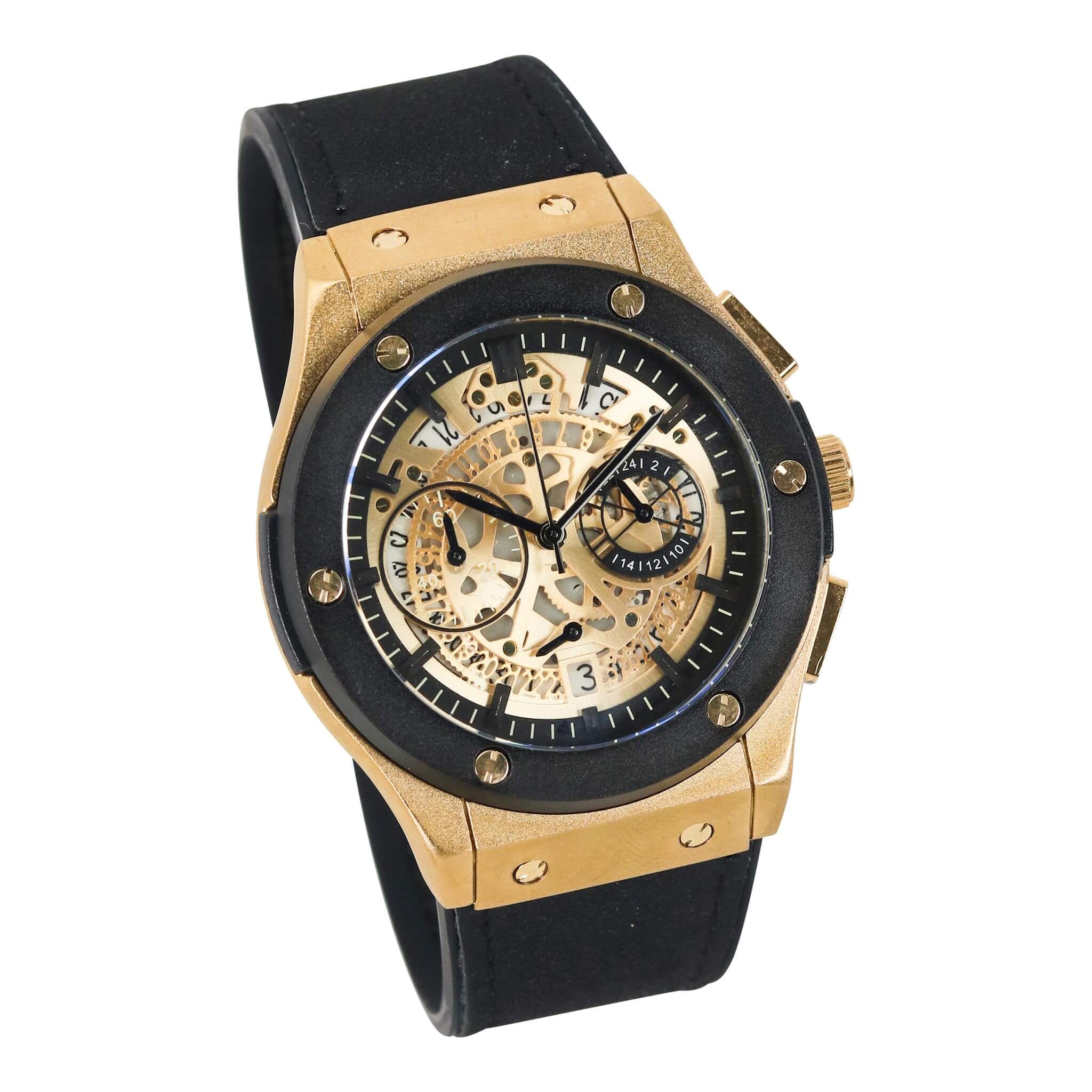 Men’s 44mm Skeleton Dial Watch - Leather Band, Quartz Movement
