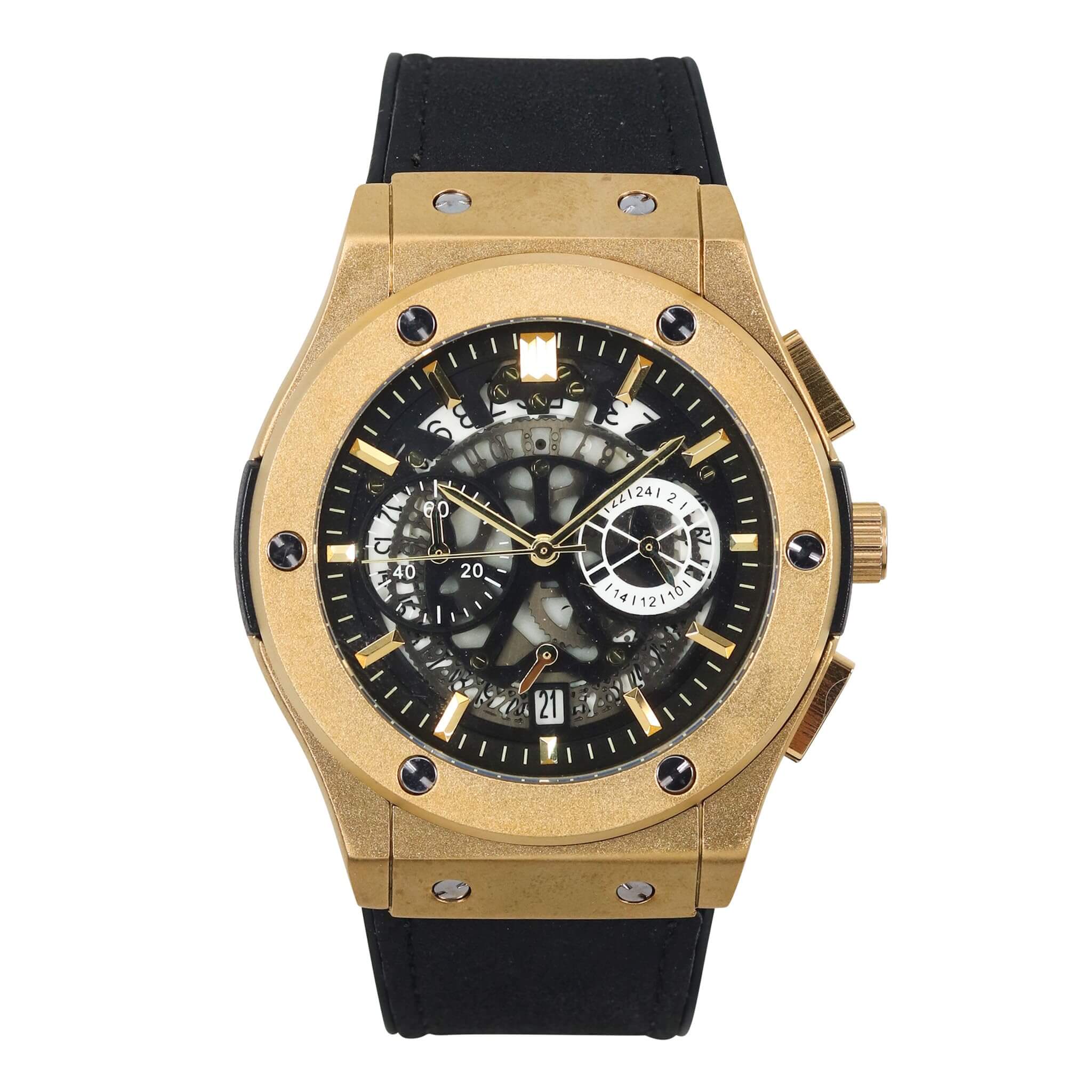 Men’s 44mm Skeleton Dial Watch - Leather Band, Quartz Movement