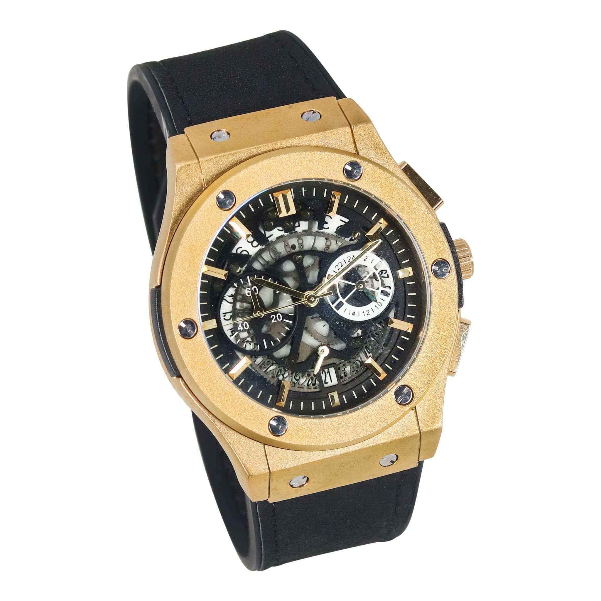 Men’s 44mm Skeleton Dial Watch - Leather Band, Quartz Movement